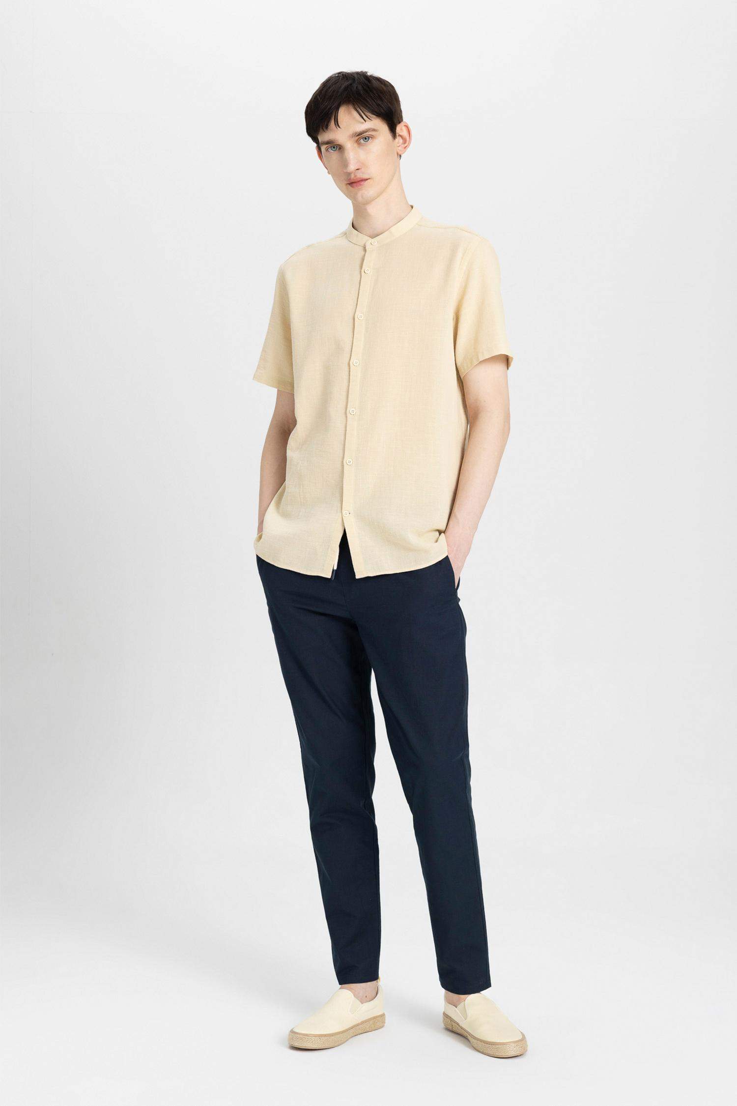 Regular Fit Stand Collar Cotton Short Sleeve Shirt