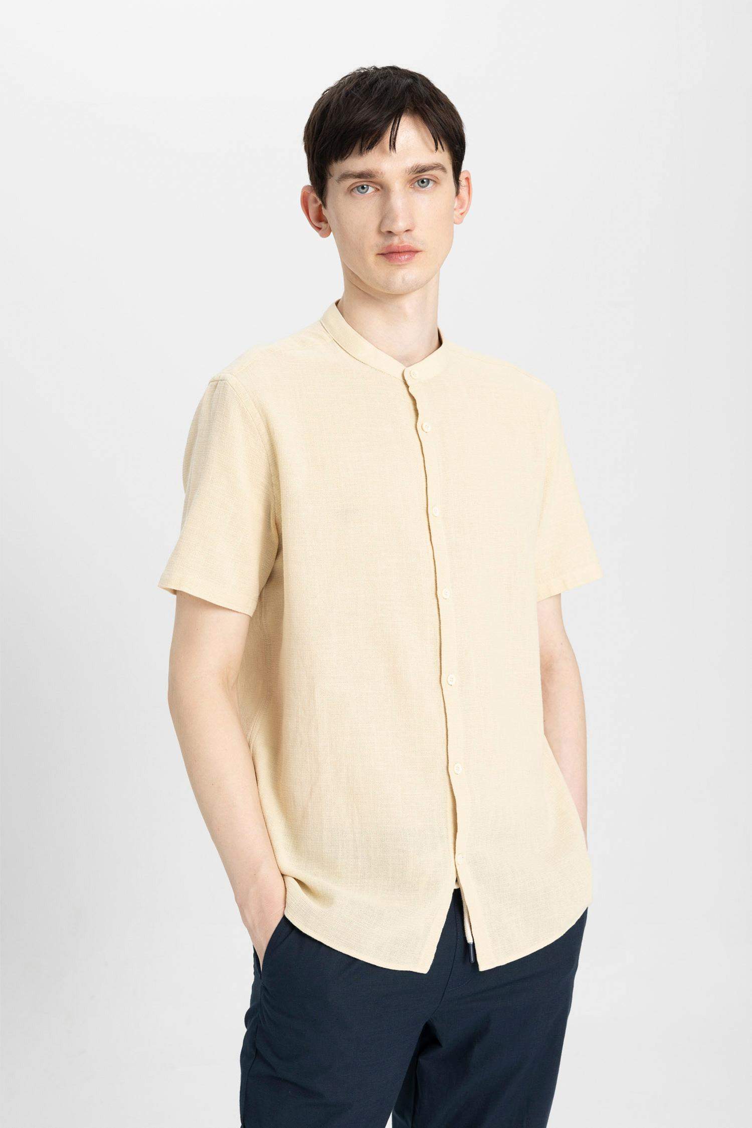 Regular Fit Stand Collar Cotton Short Sleeve Shirt