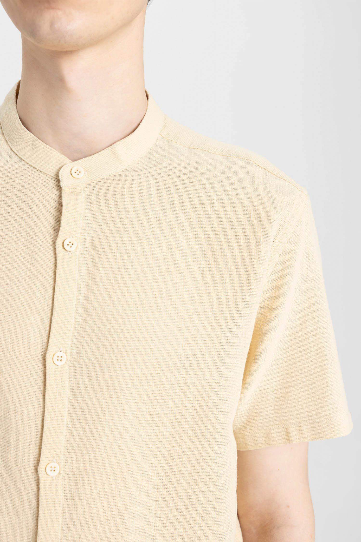 Regular Fit Stand Collar Cotton Short Sleeve Shirt