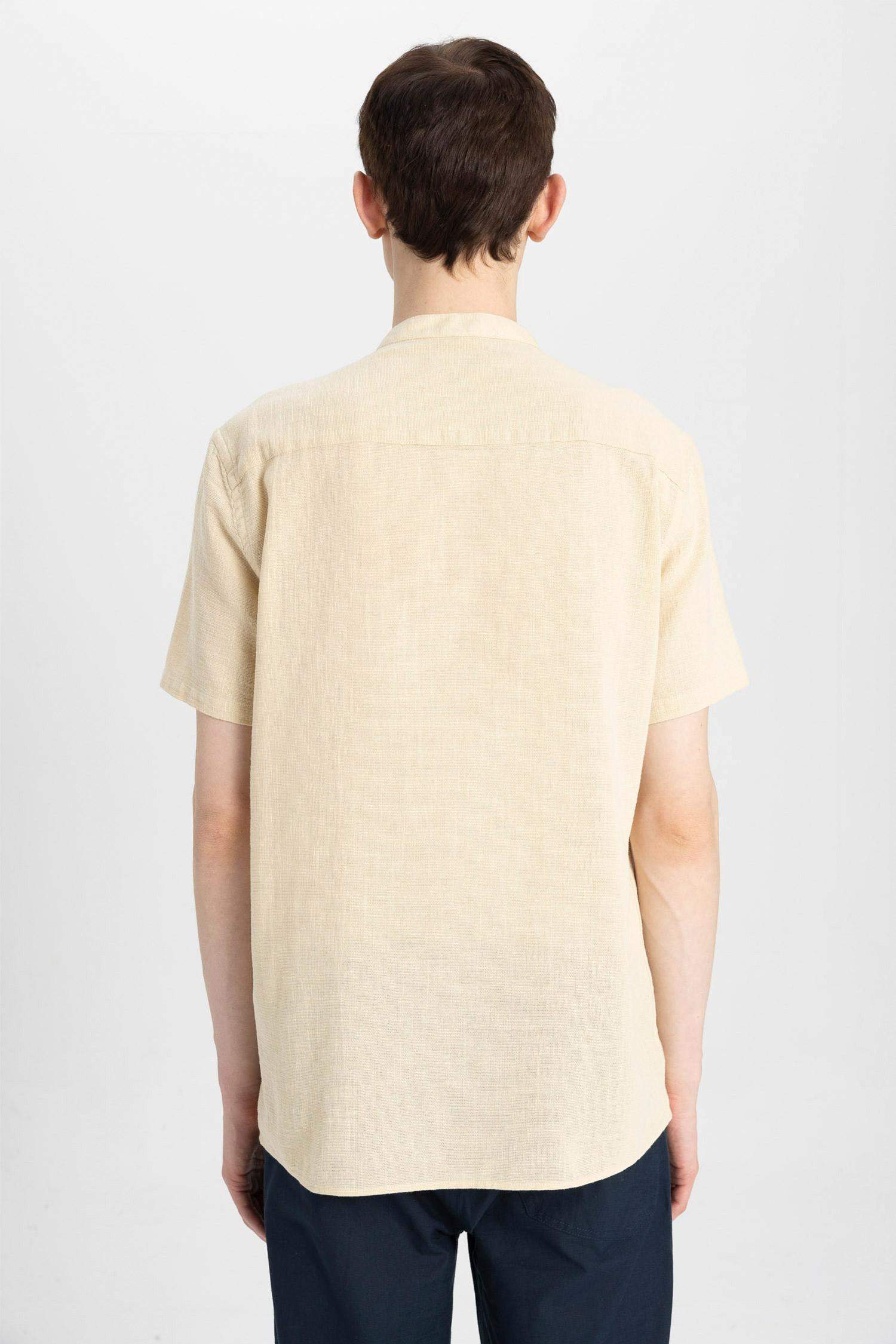 Regular Fit Stand Collar Cotton Short Sleeve Shirt