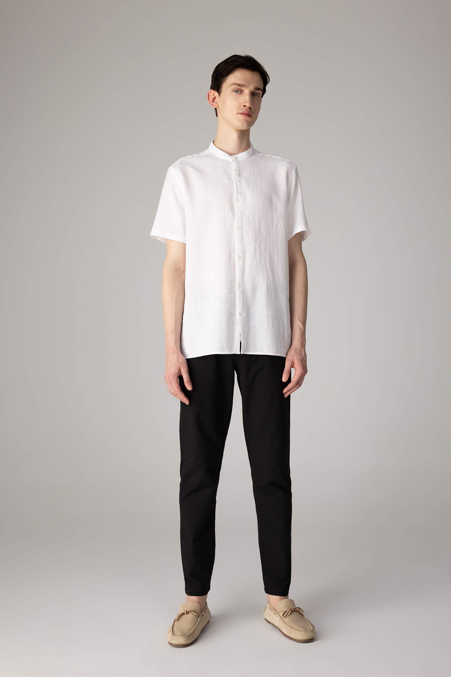 Regular Fit Stand Collar Cotton Short Sleeve Shirt