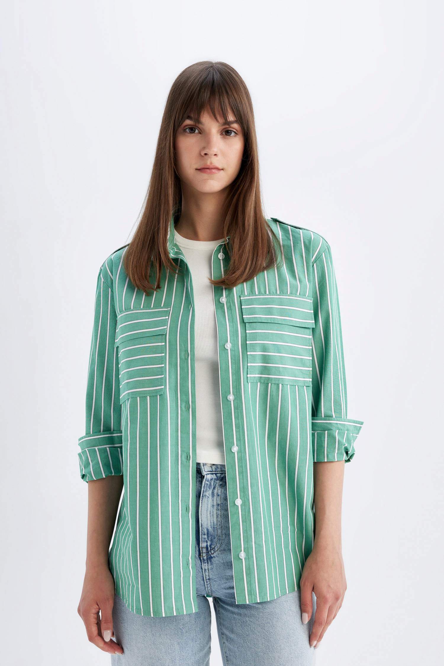 Relax Fit Shirt Collar Printed Poplin Long Sleeve Tunic