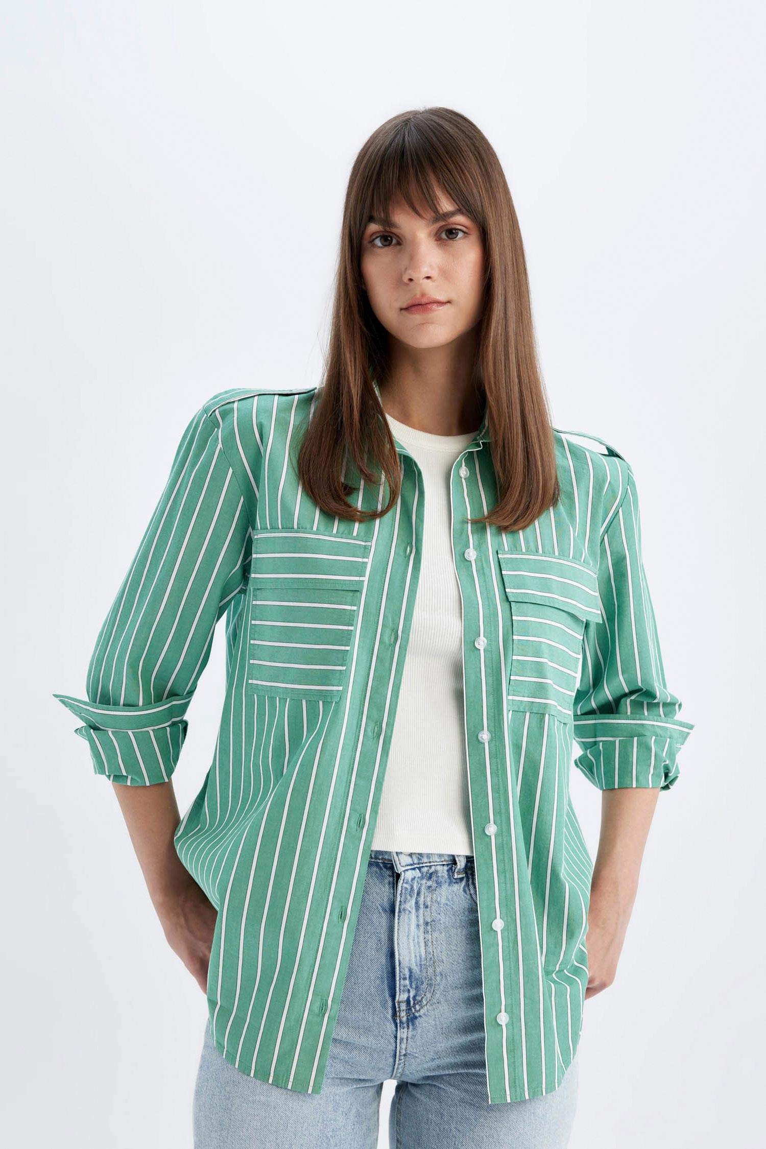 Relax Fit Shirt Collar Printed Poplin Long Sleeve Tunic