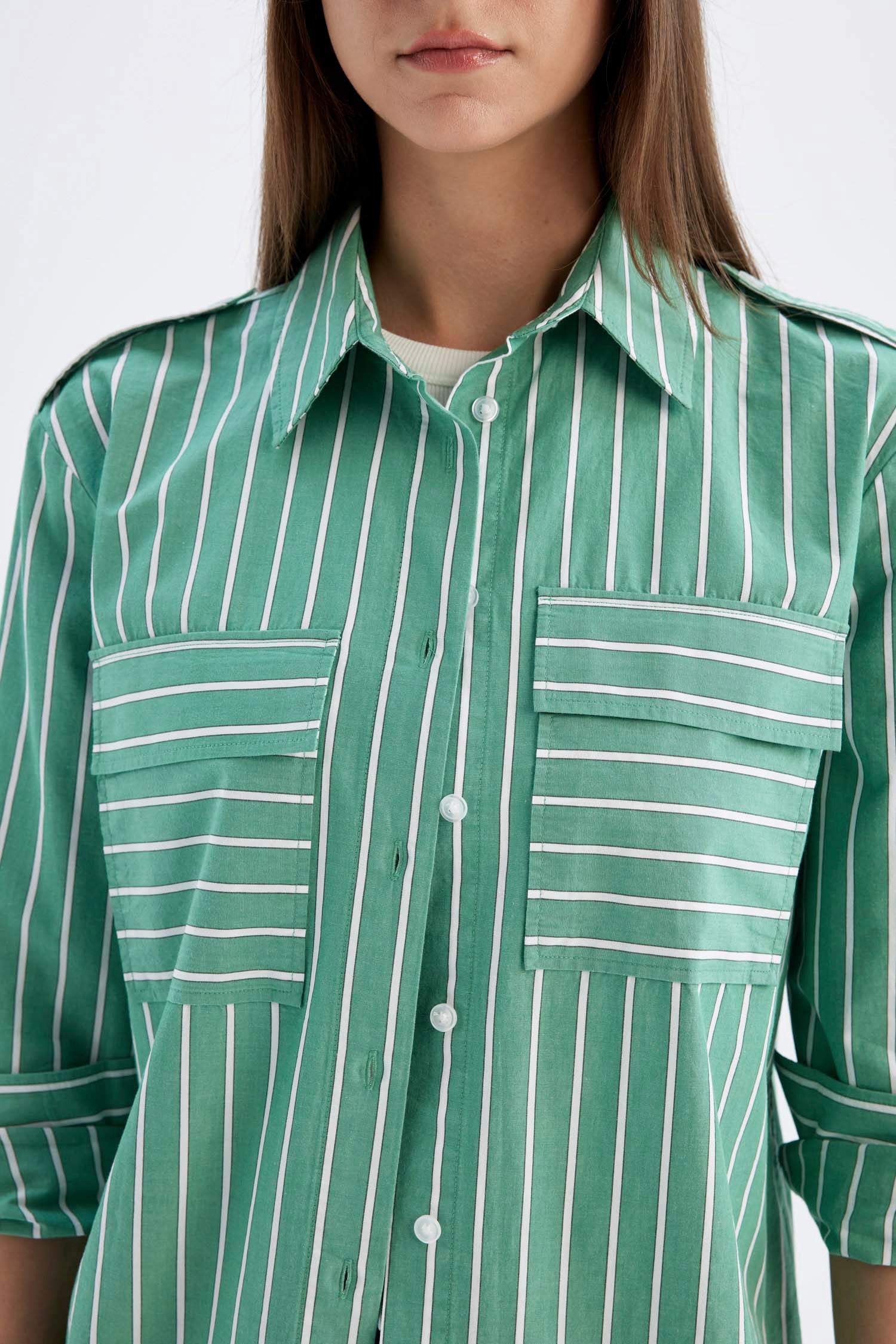 Relax Fit Shirt Collar Printed Poplin Long Sleeve Tunic