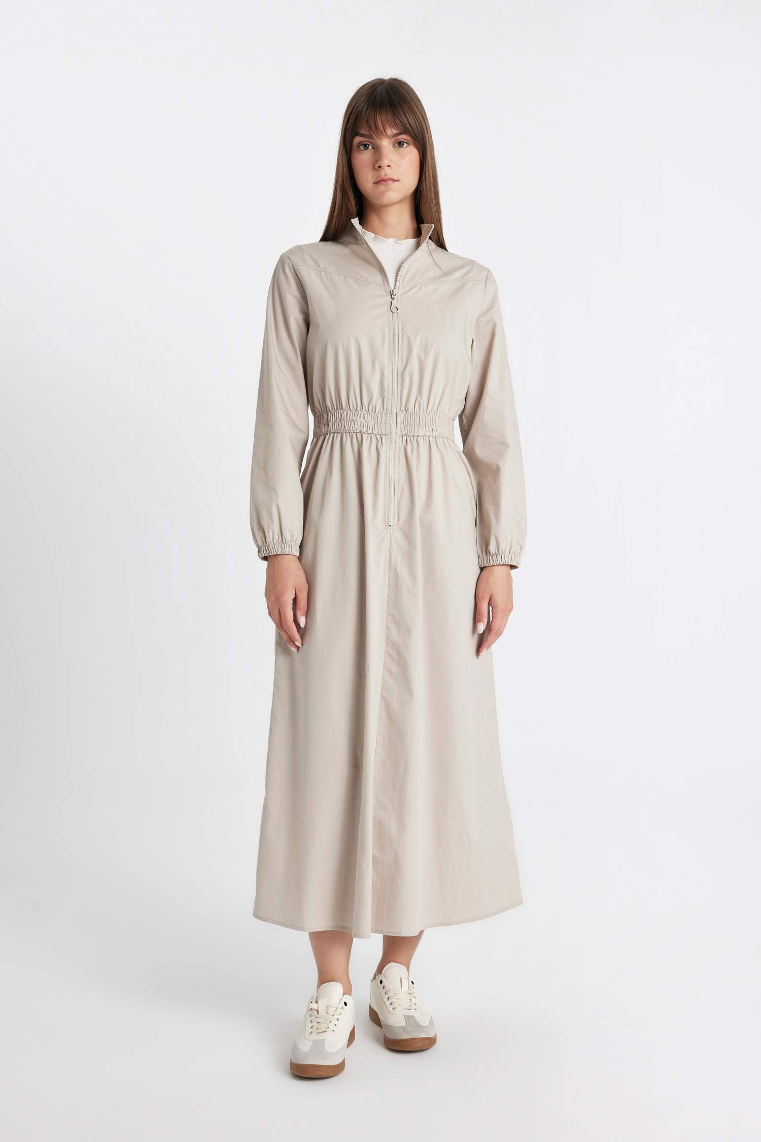 Regular Fit Fermuarlı Dik Yaka Basic Düz Poplin Uzun Kollu Maxi Elbise