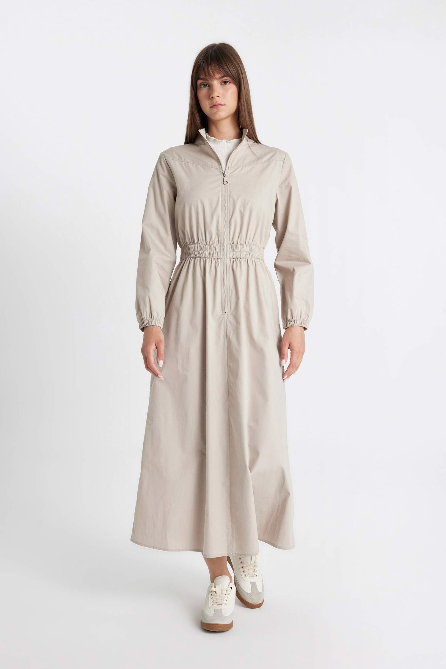 Regular Fit Fermuarlı Dik Yaka Basic Düz Poplin Uzun Kollu Maxi Elbise