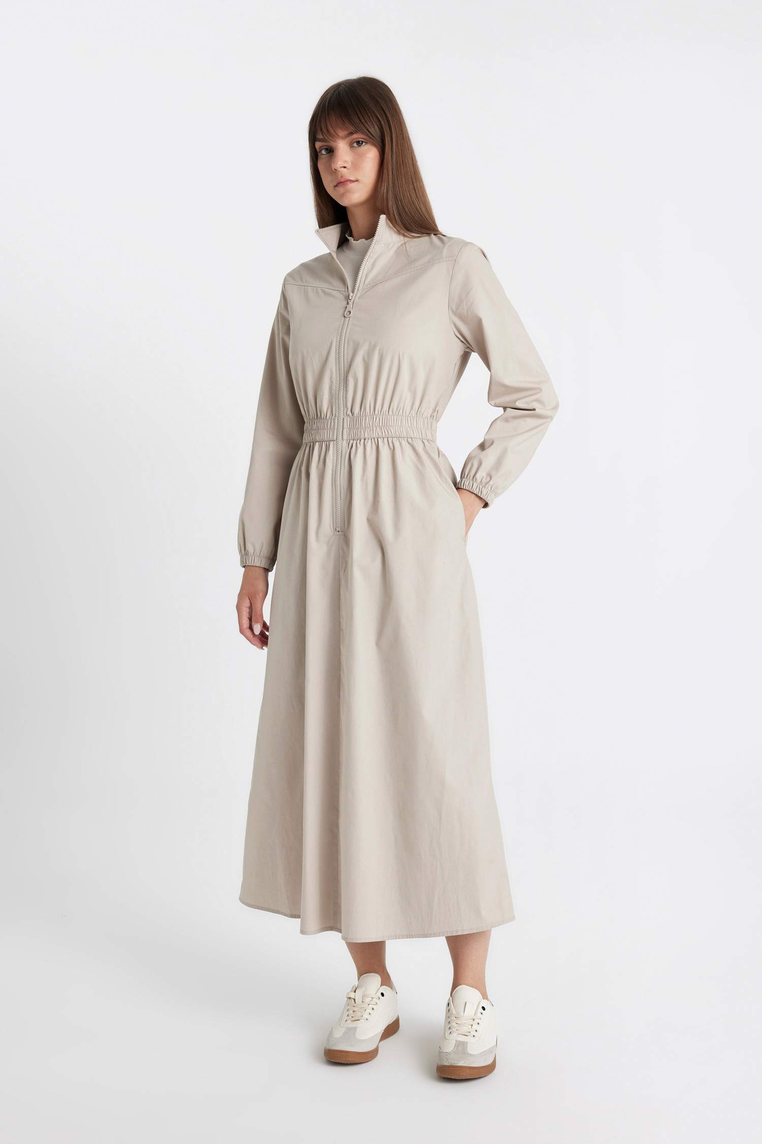 Regular Fit Fermuarlı Dik Yaka Basic Düz Poplin Uzun Kollu Maxi Elbise