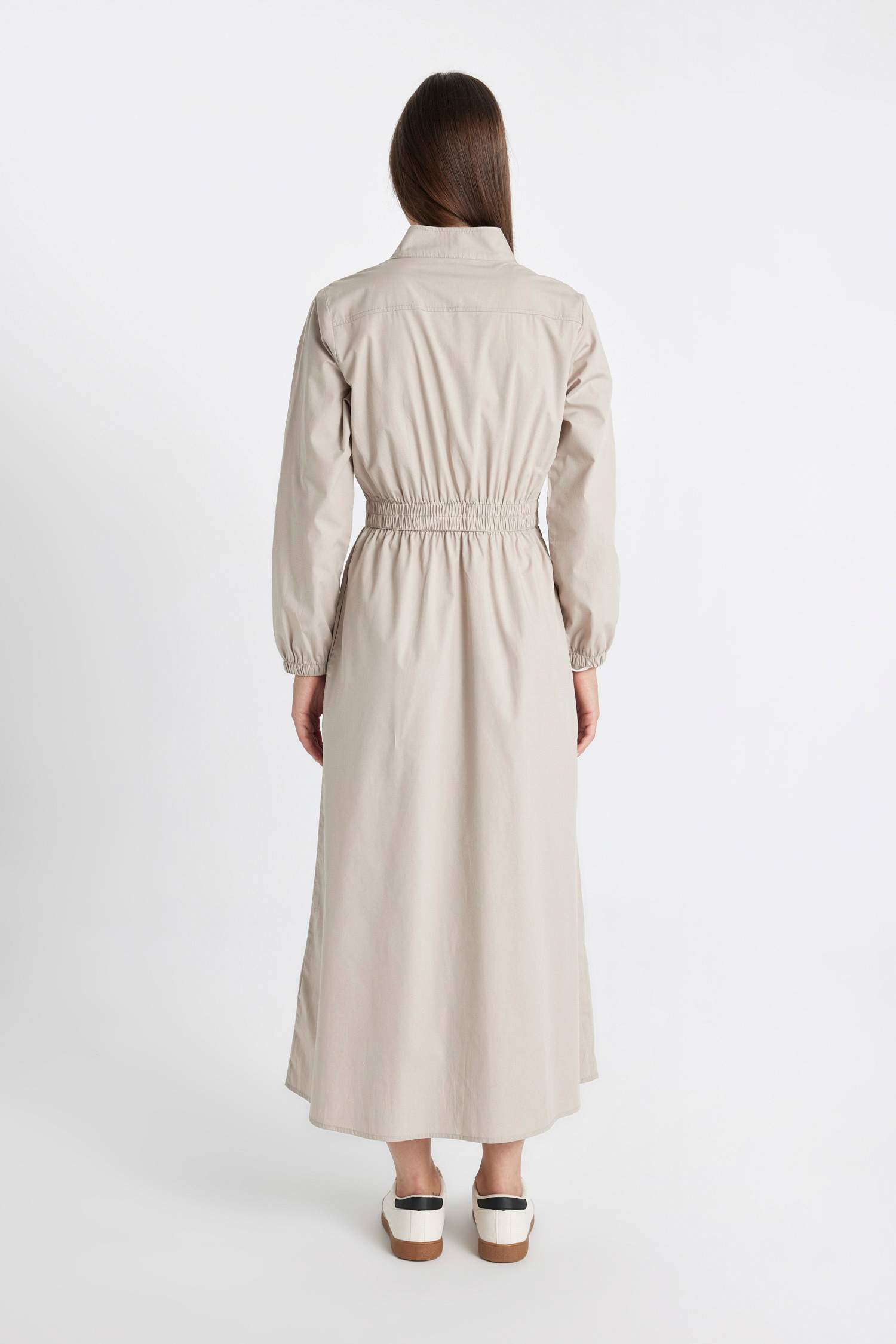 Regular Fit Fermuarlı Dik Yaka Basic Düz Poplin Uzun Kollu Maxi Elbise