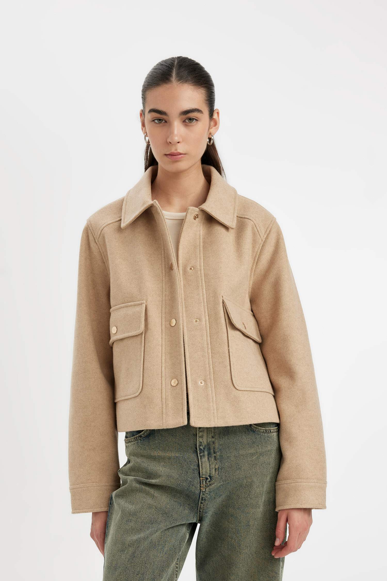 Regular Kalıp Polo Yaka Çıtçıtlı Cepli Kısa Kaşe Ceket