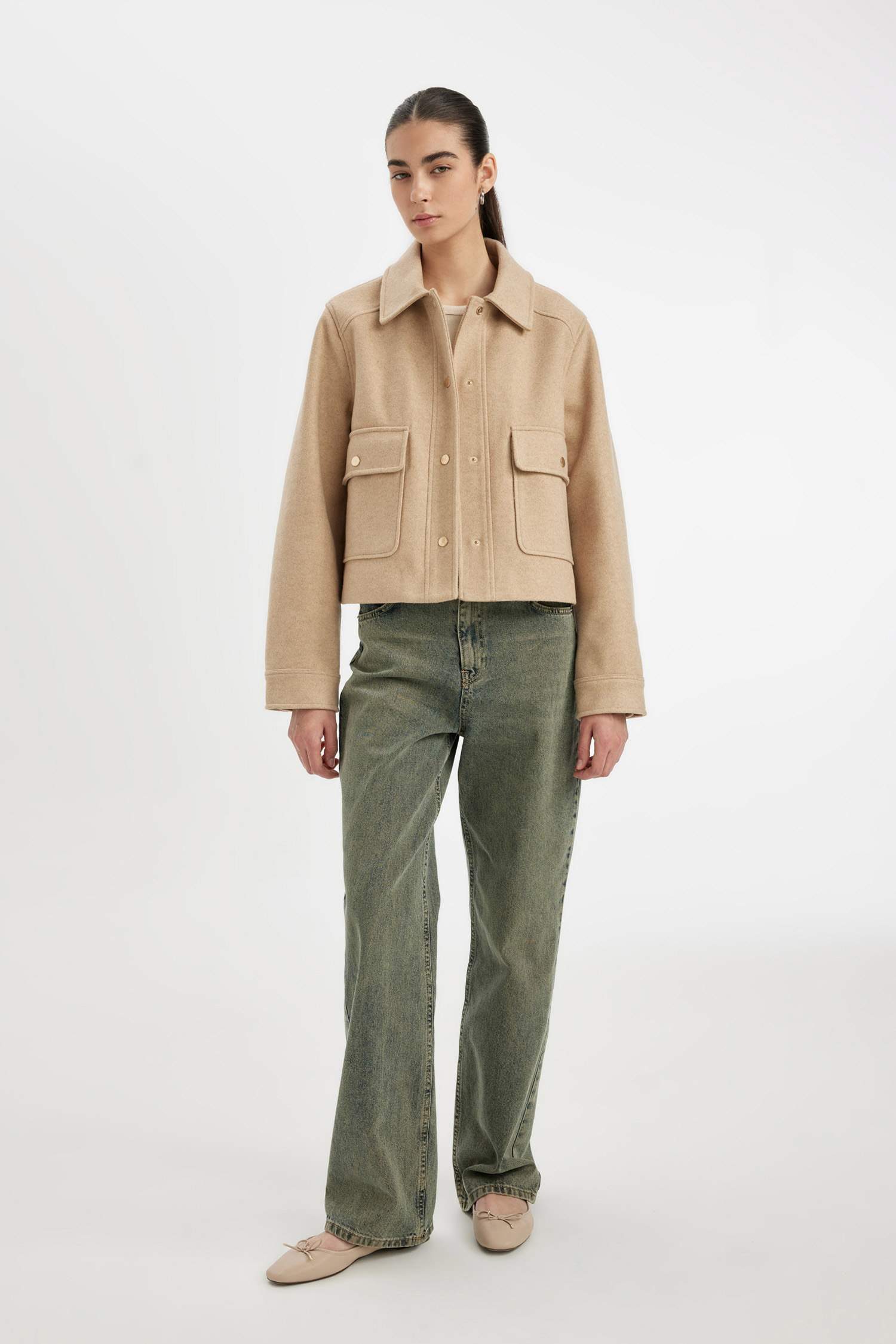 Regular Kalıp Polo Yaka Çıtçıtlı Cepli Kısa Kaşe Ceket