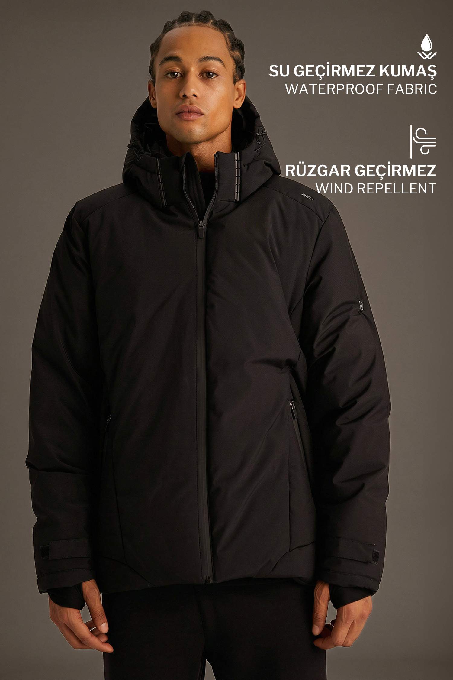 Usb Isıtıcılı Su İtici Rüzgar Geçirmez Kapüşonlu Fermuarlı Kışlık Kayak Montu