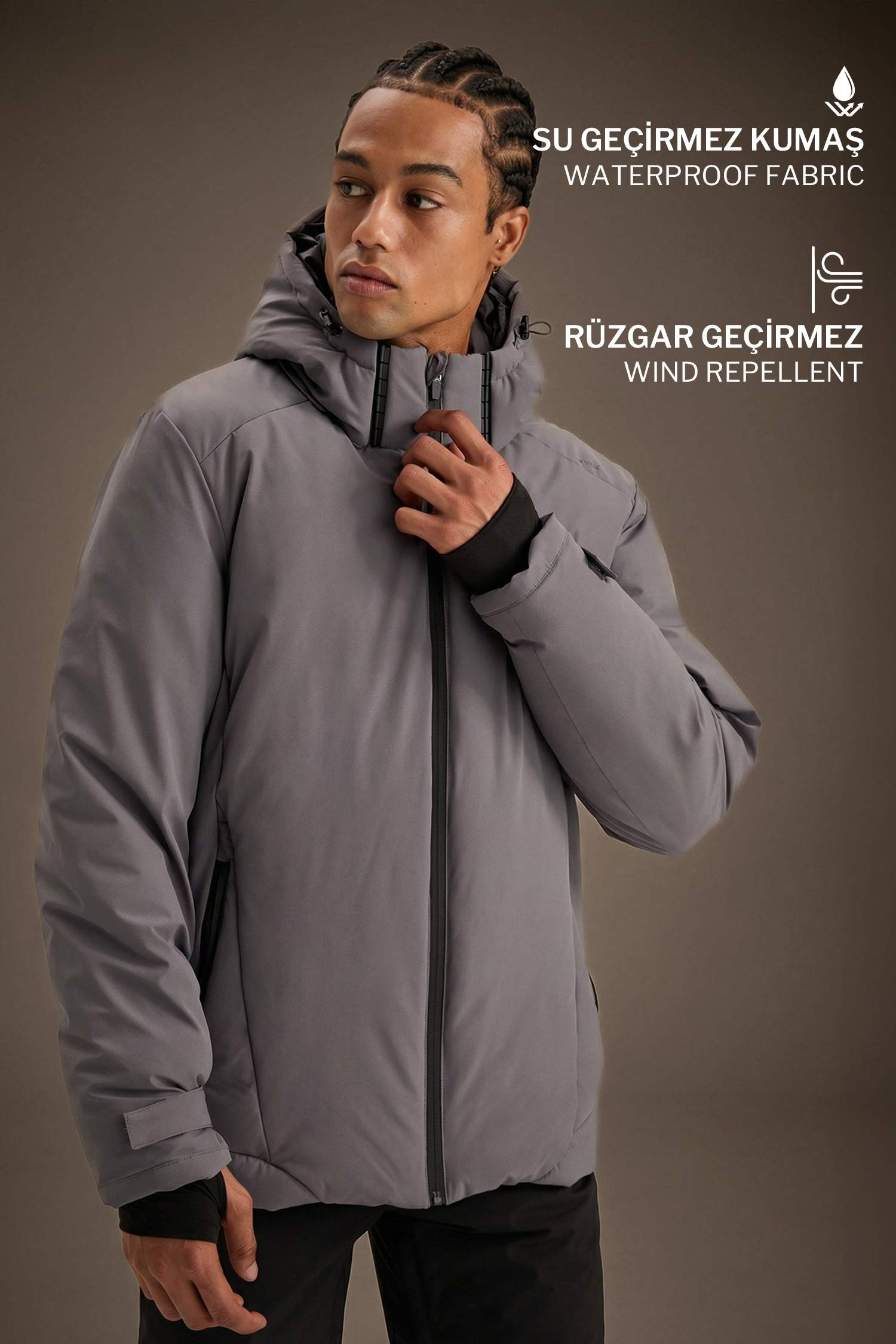 Usb Isıtıcılı Su İtici Rüzgar Geçirmez Kapüşonlu Fermuarlı Kışlık Kayak Montu