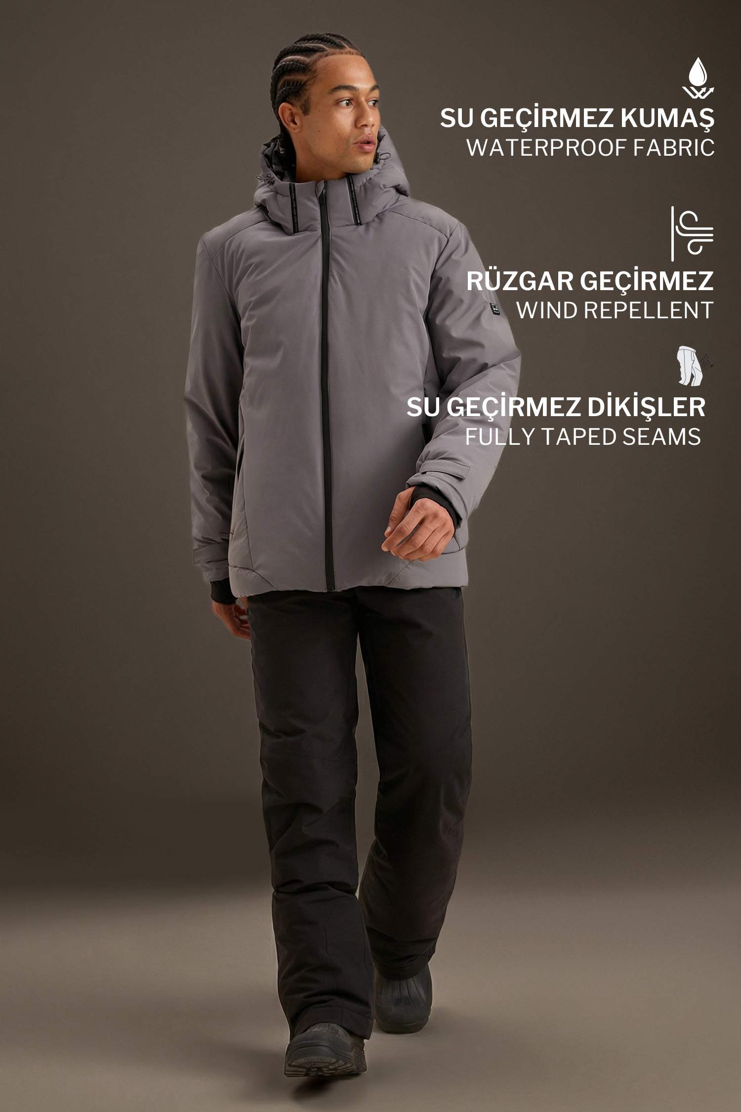 Usb Isıtıcılı Su İtici Rüzgar Geçirmez Kapüşonlu Fermuarlı Kışlık Kayak Montu