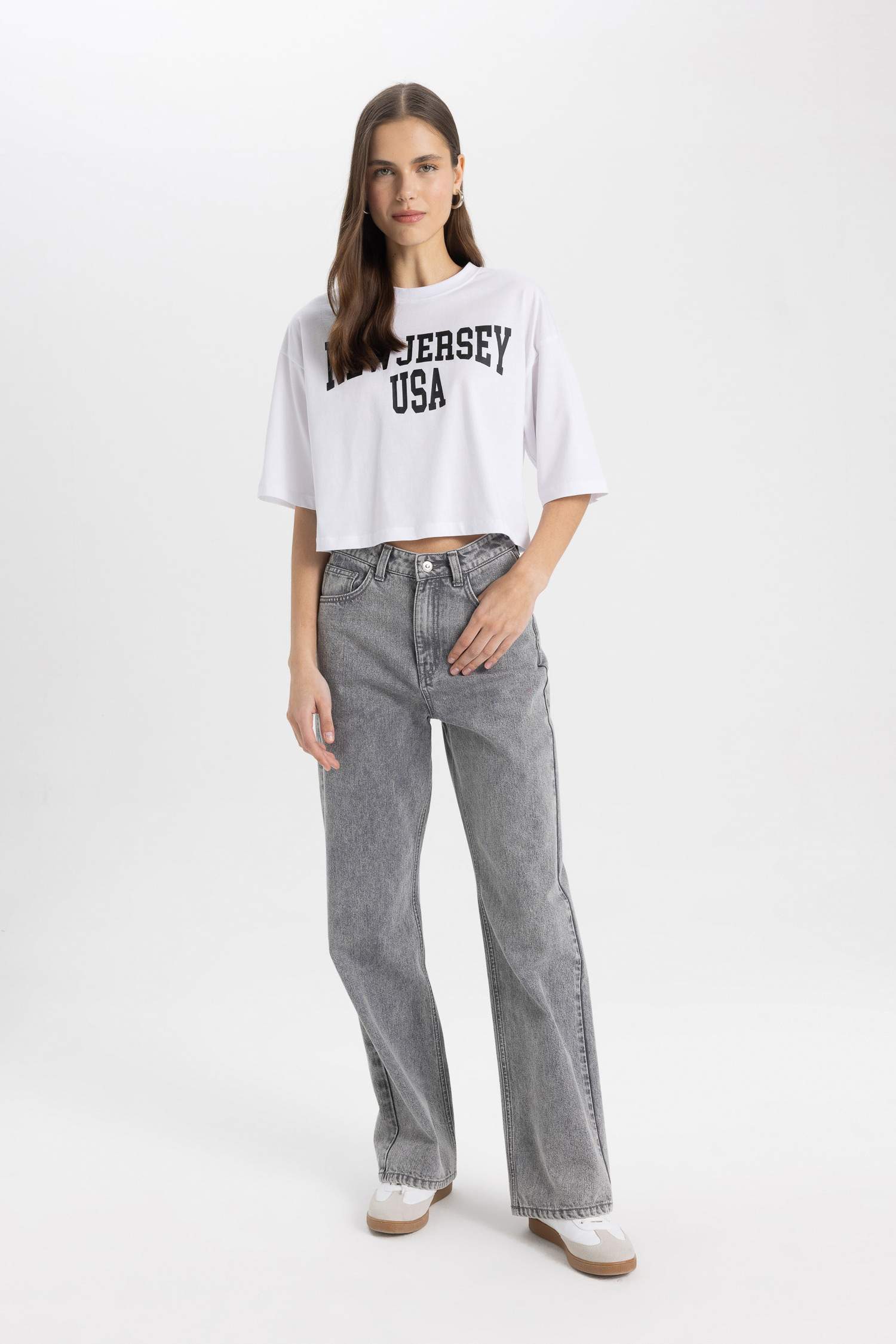 Oversize Geniş Kalıp Bisiklet Yaka Baskılı Kısa Kollu Tişört