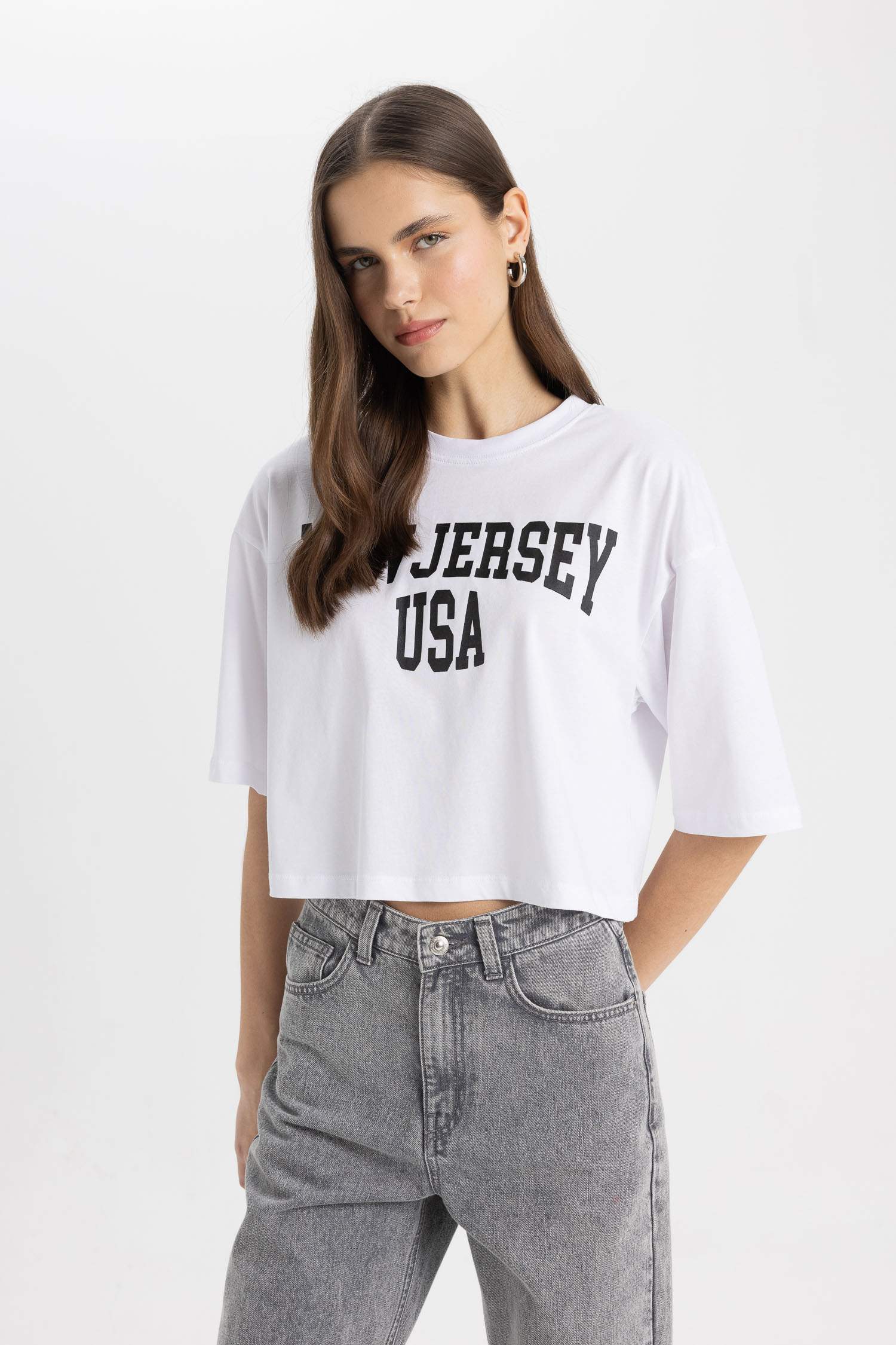 Oversize Geniş Kalıp Bisiklet Yaka Baskılı Kısa Kollu Tişört