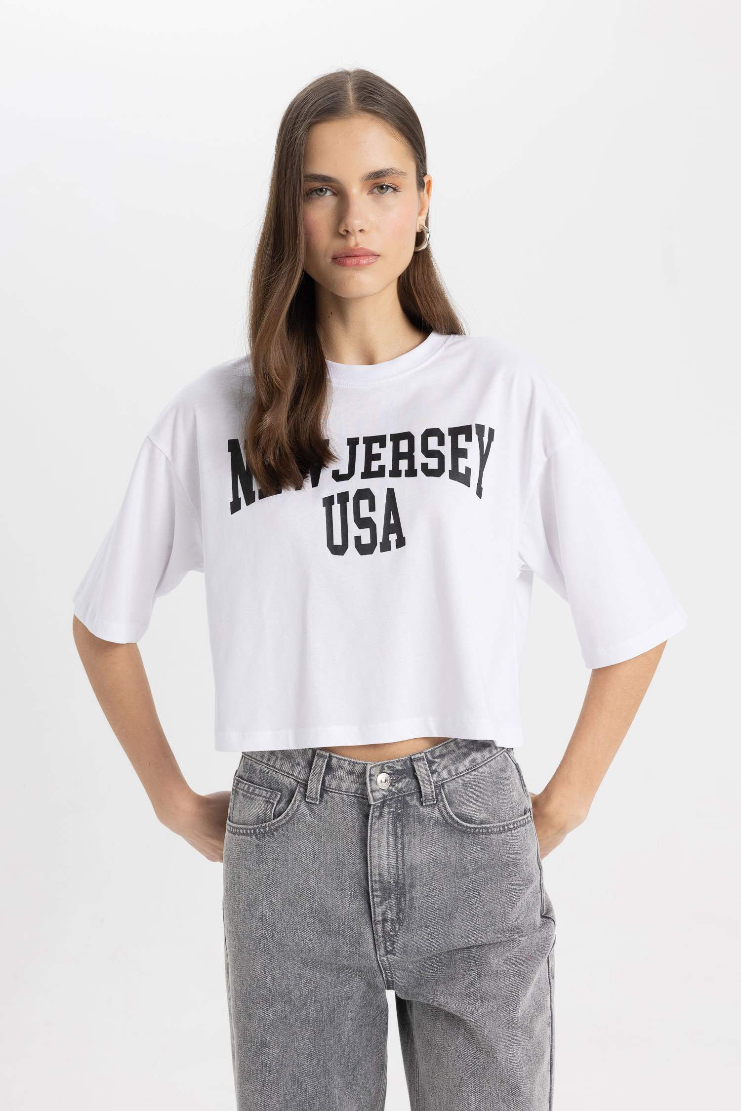 Oversize Geniş Kalıp Bisiklet Yaka Baskılı Kısa Kollu Tişört