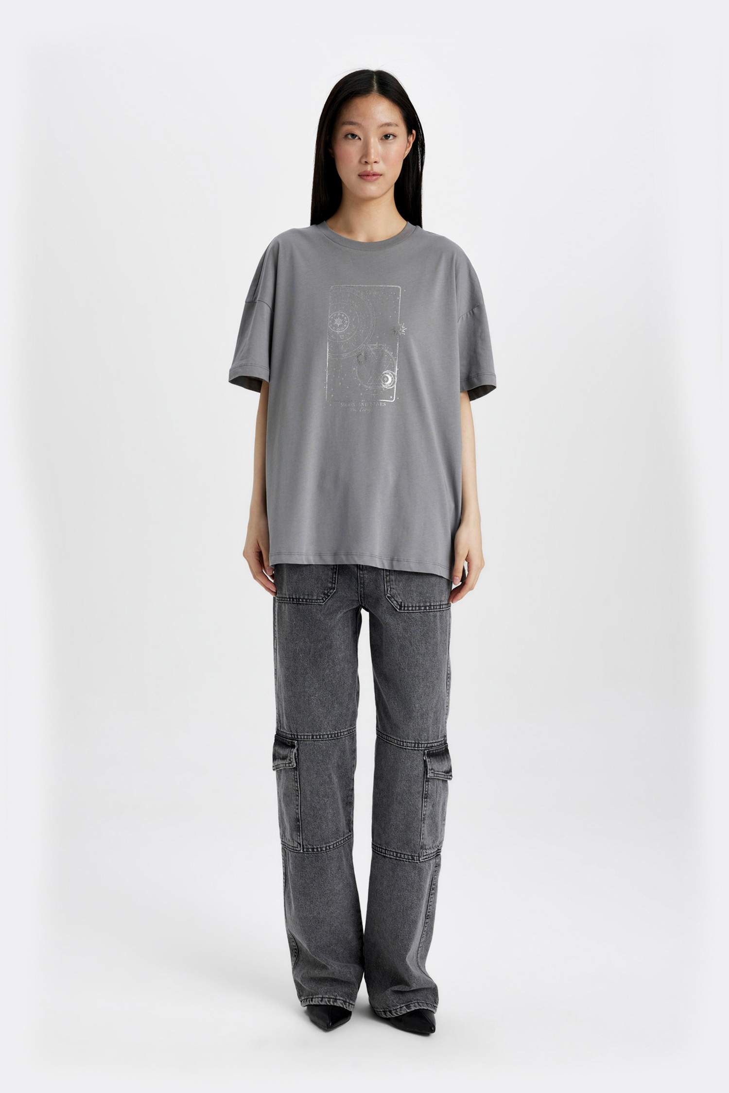 Relax Fit Bisiklet Yaka Baskılı Penye Kısa Kollu Tişört