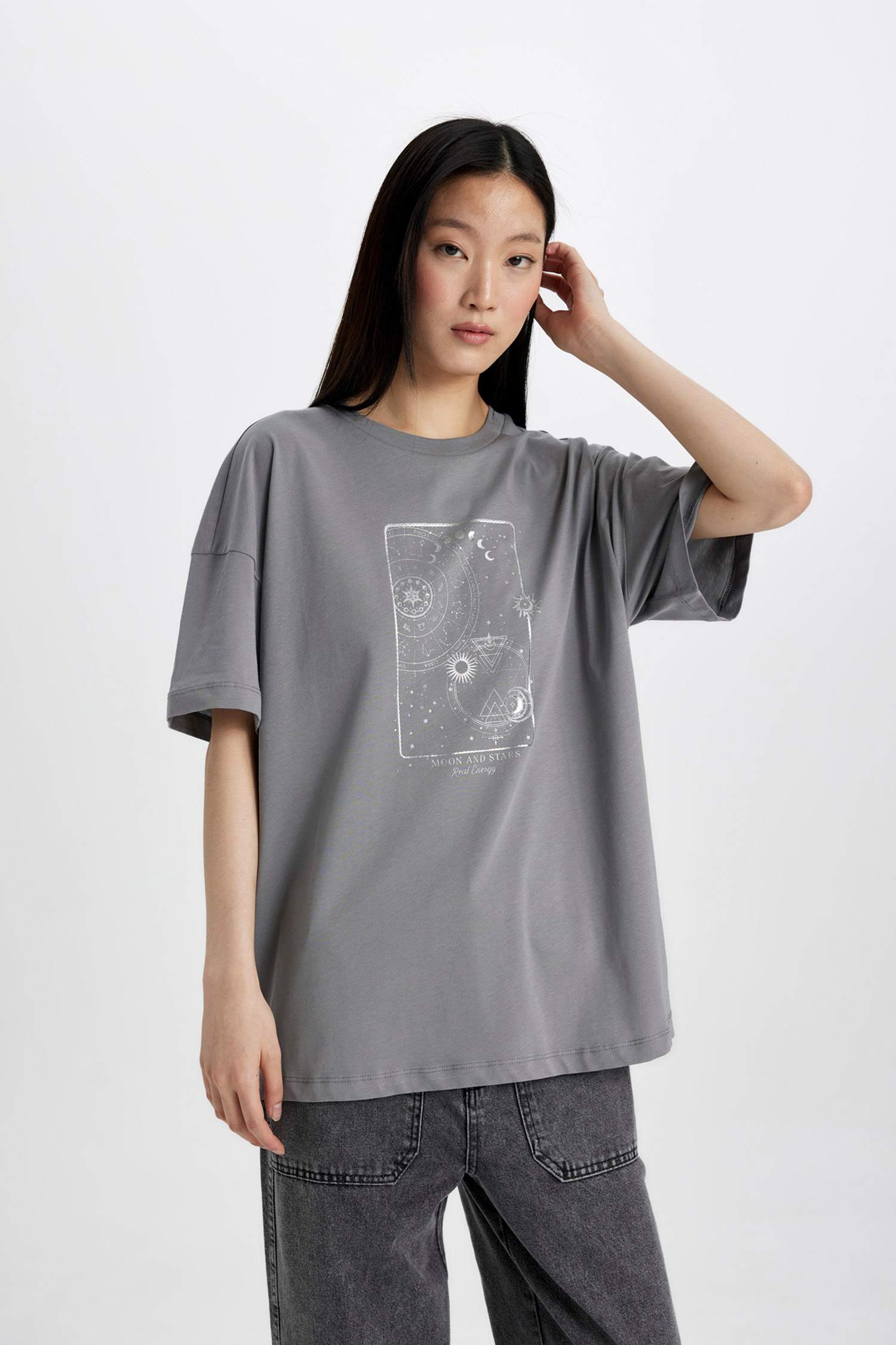 Relax Fit Bisiklet Yaka Baskılı Penye Kısa Kollu Tişört