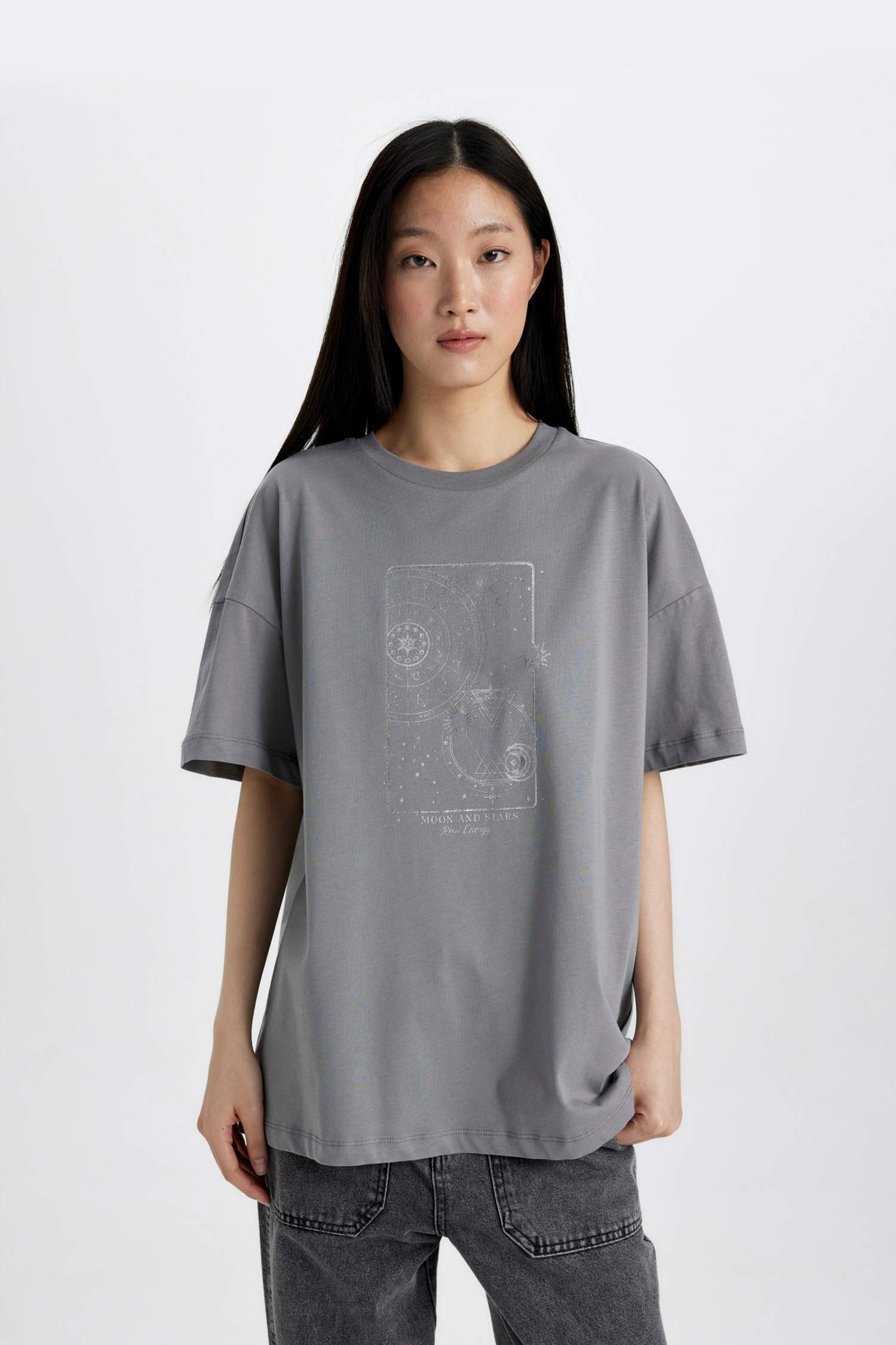 Relax Fit Bisiklet Yaka Baskılı Penye Kısa Kollu Tişört