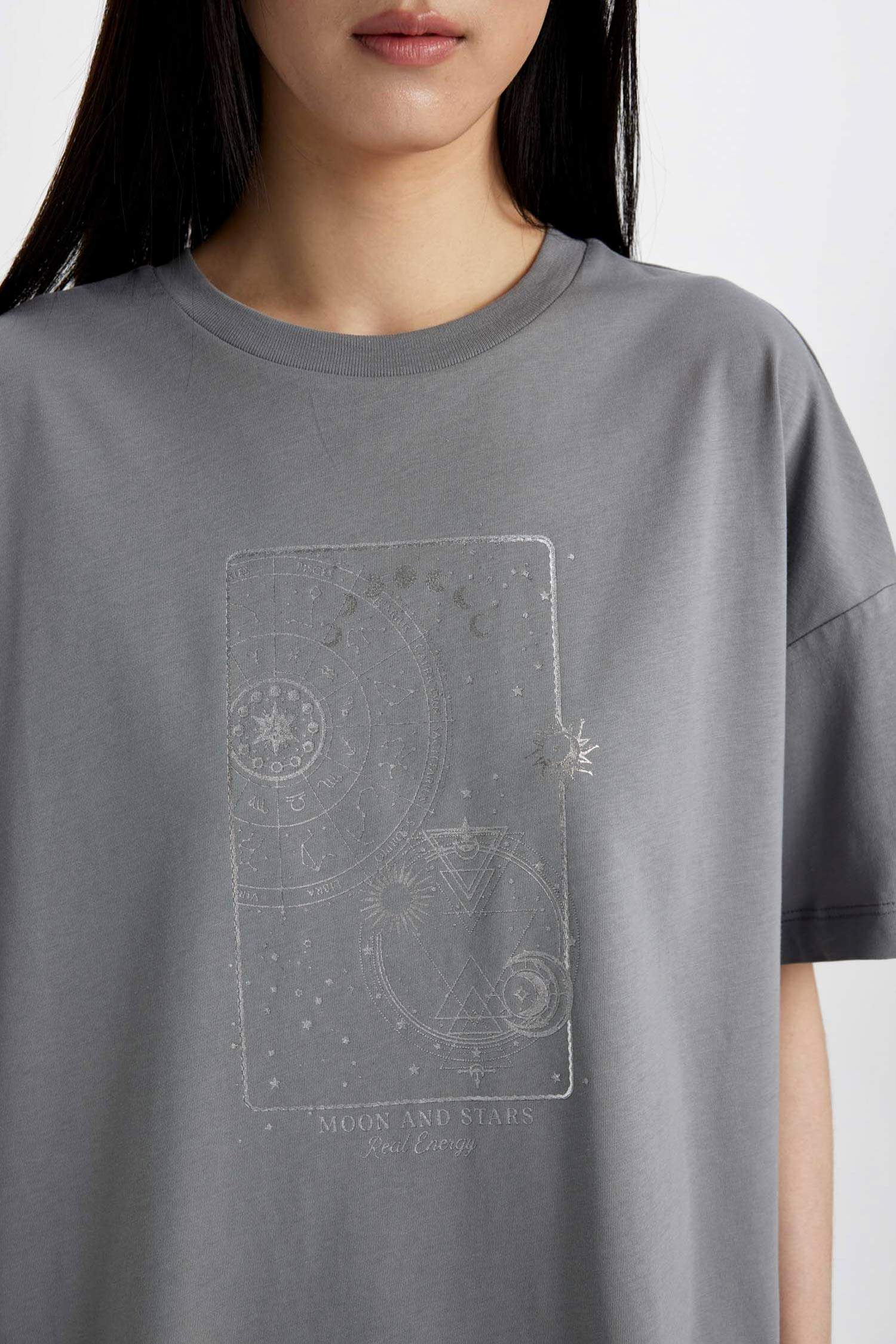 Relax Fit Bisiklet Yaka Baskılı Penye Kısa Kollu Tişört