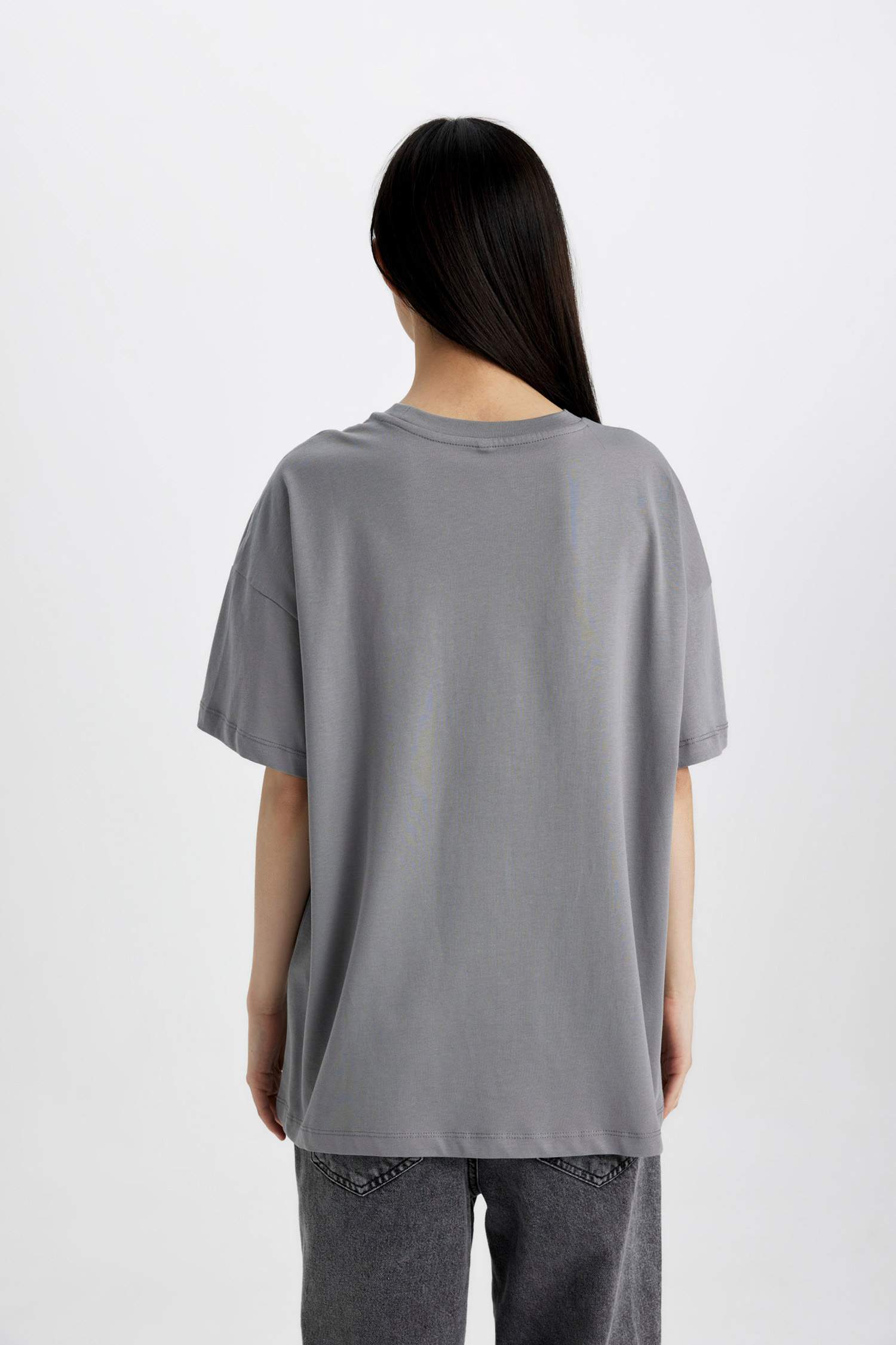 Relax Fit Bisiklet Yaka Baskılı Penye Kısa Kollu Tişört