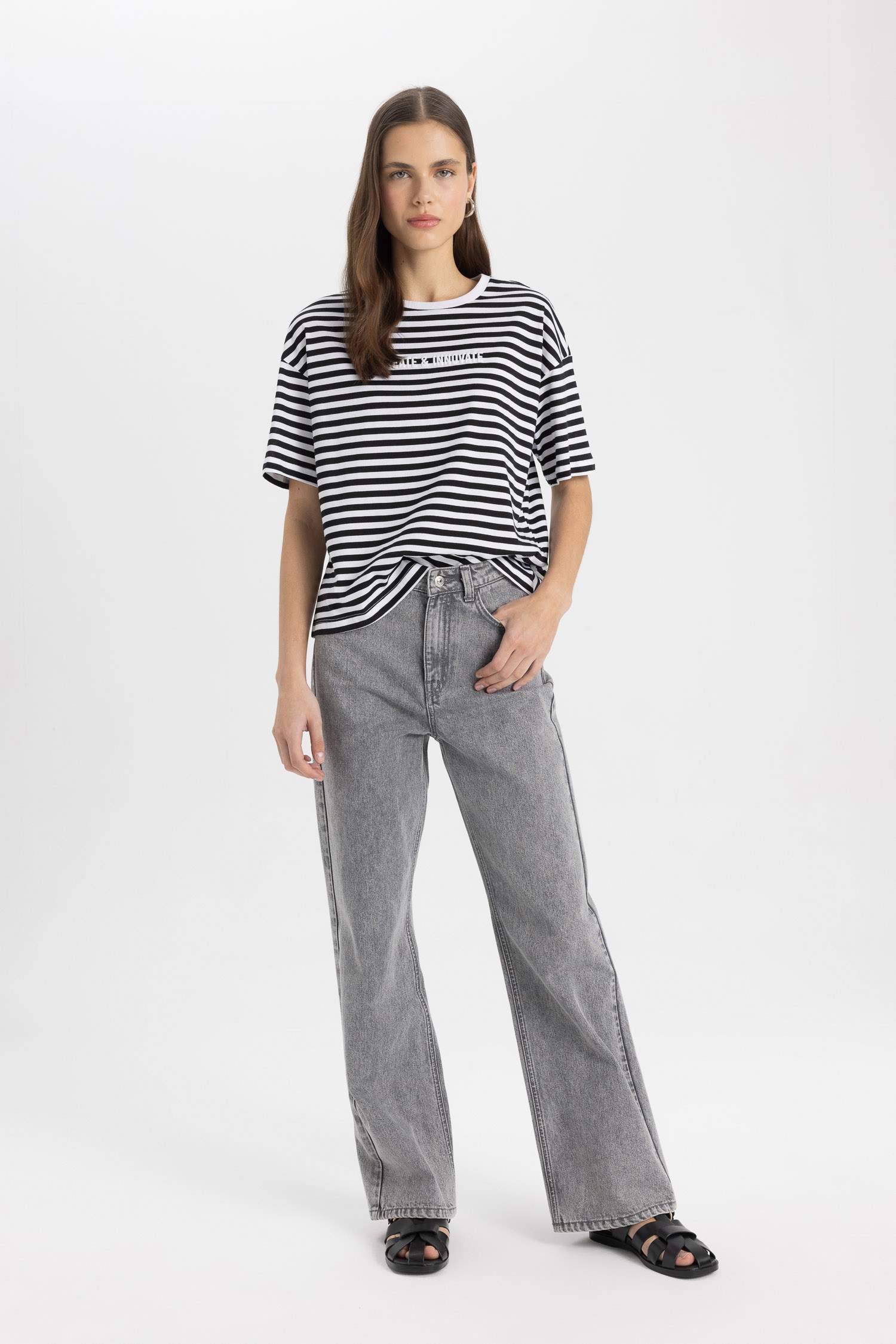 Relax Fit Striped Crew Neck Printed T-Shirt