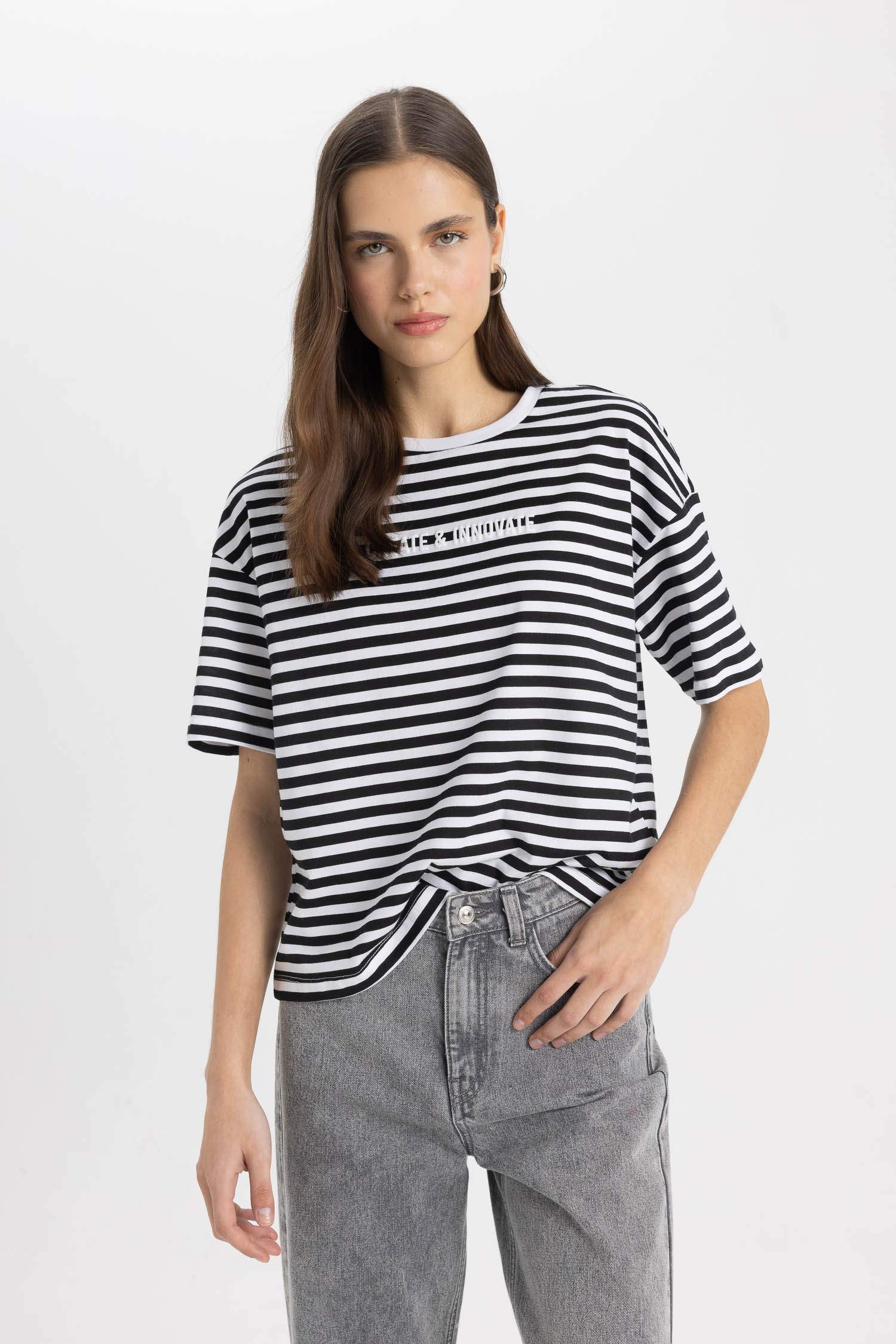 Relax Fit Striped Crew Neck Printed T-Shirt