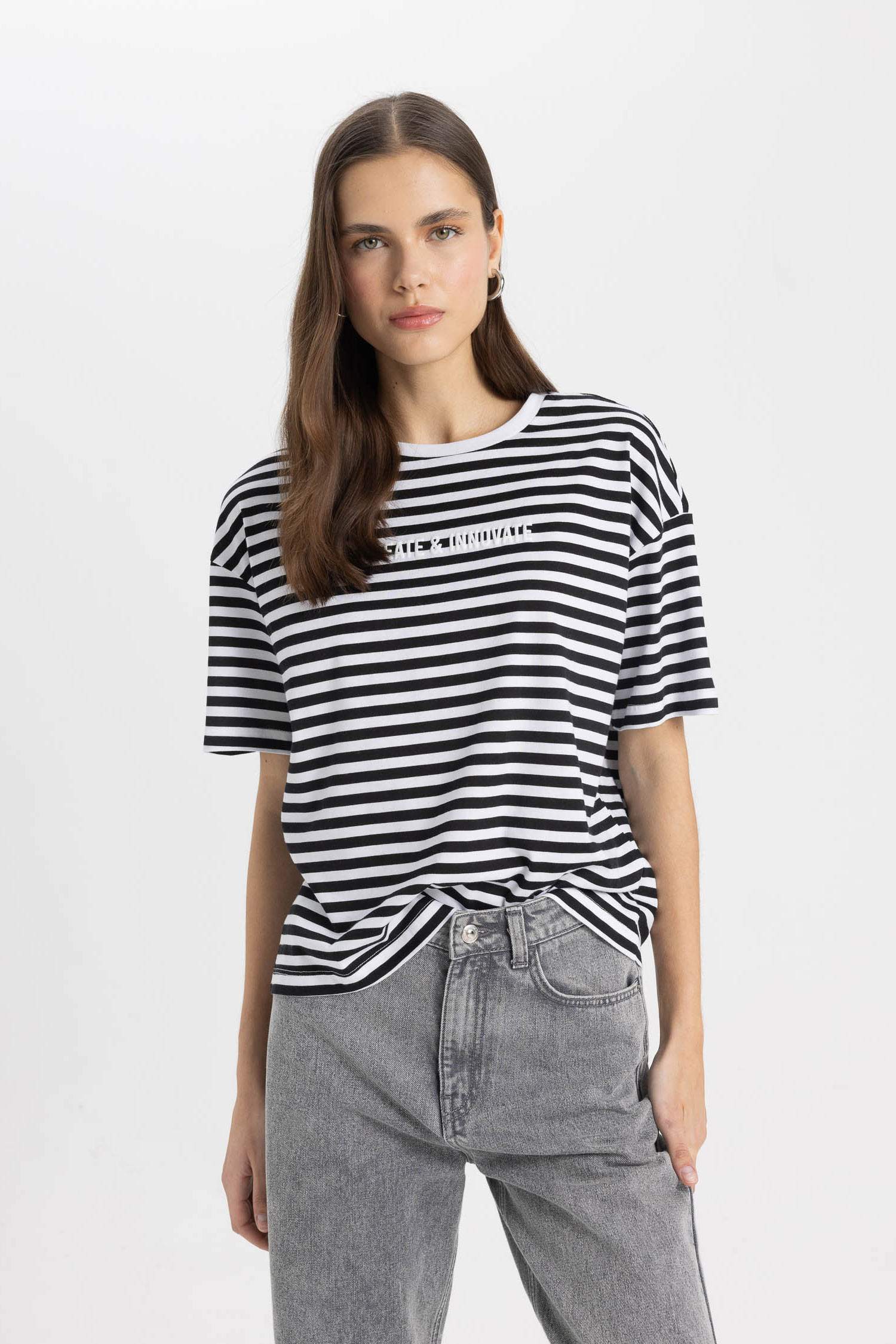 Relax Fit Striped Crew Neck Printed T-Shirt