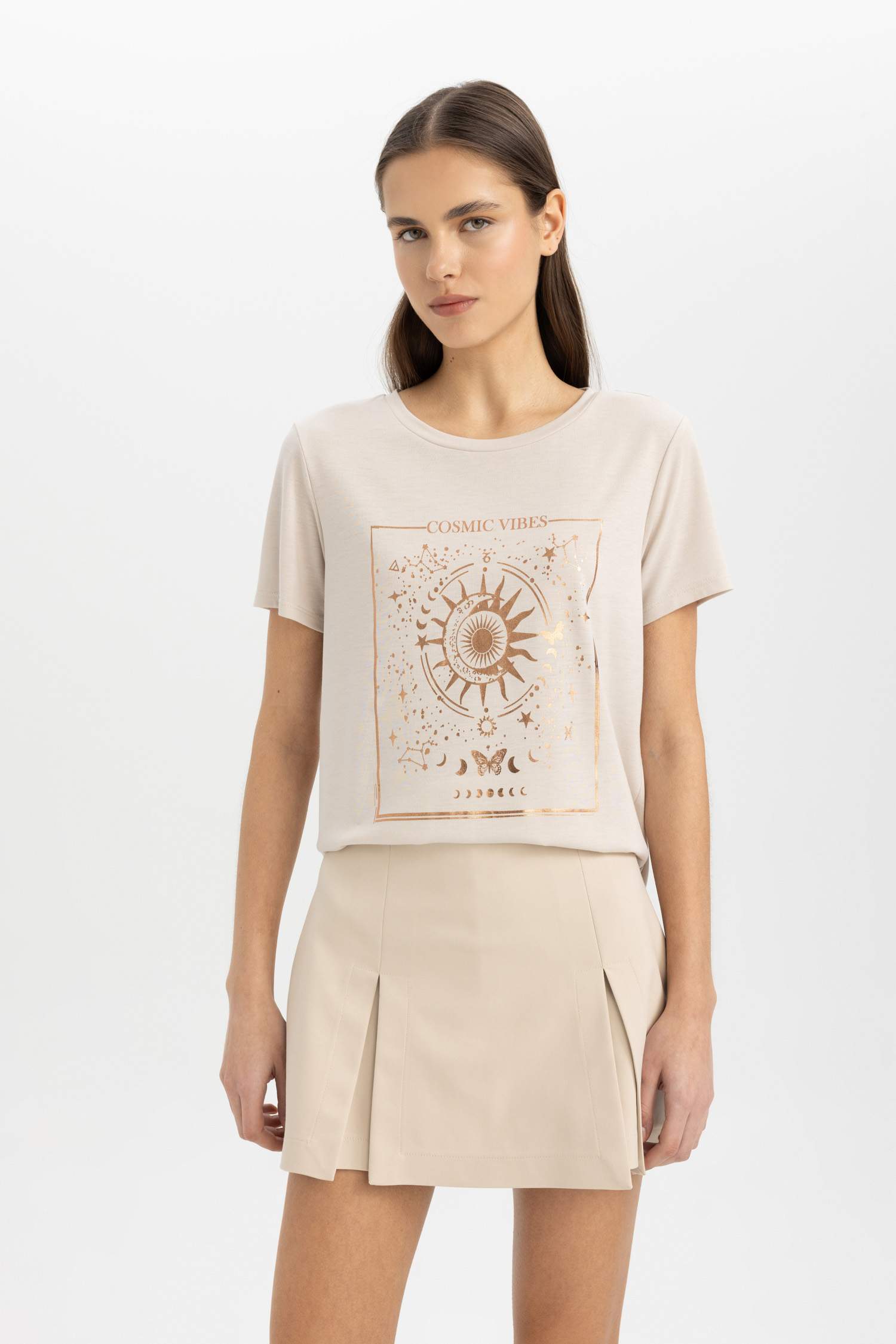 Relax Fit Bisiklet Yaka Baskılı Kısa Kollu Tişört