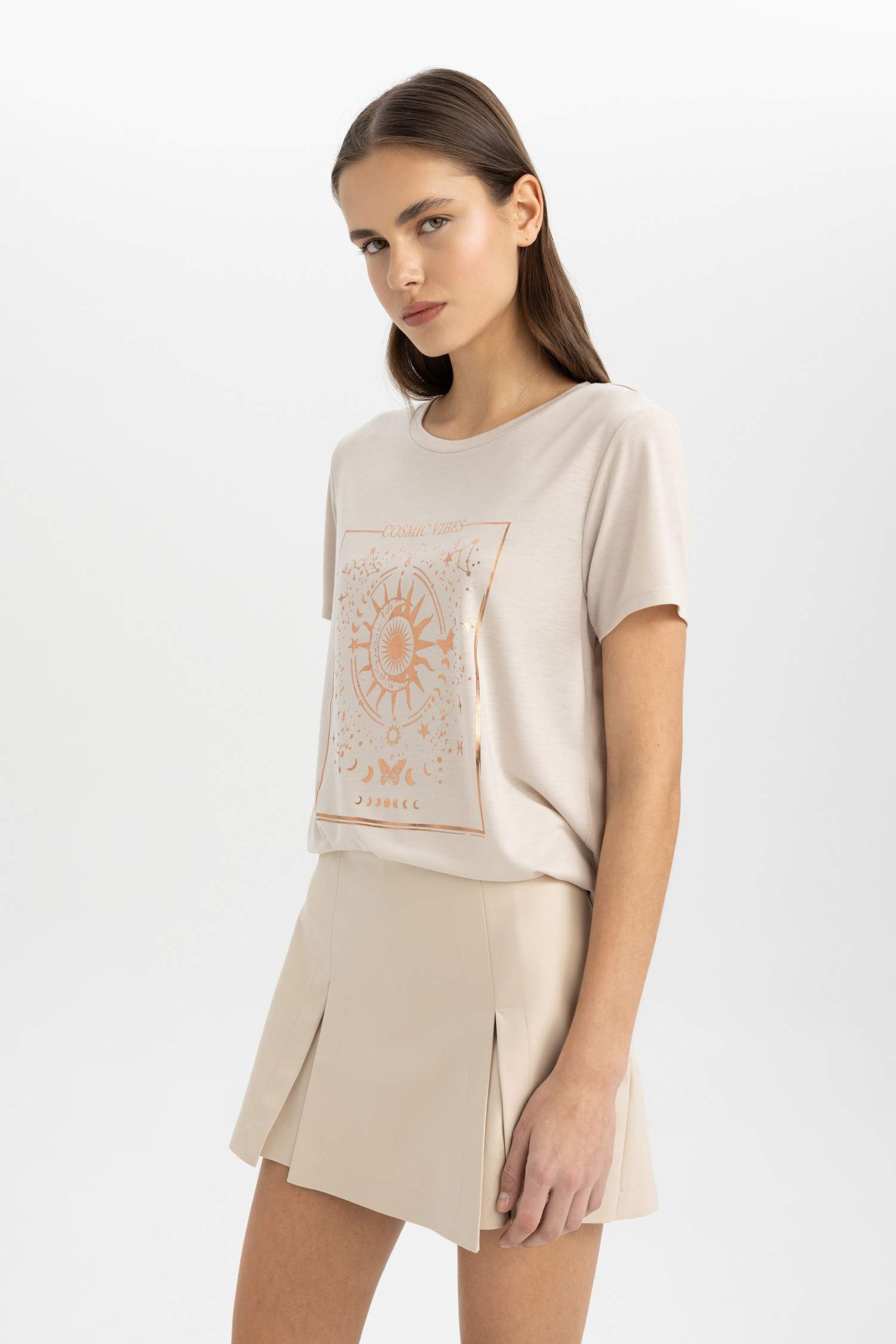 Relax Fit Bisiklet Yaka Baskılı Kısa Kollu Tişört