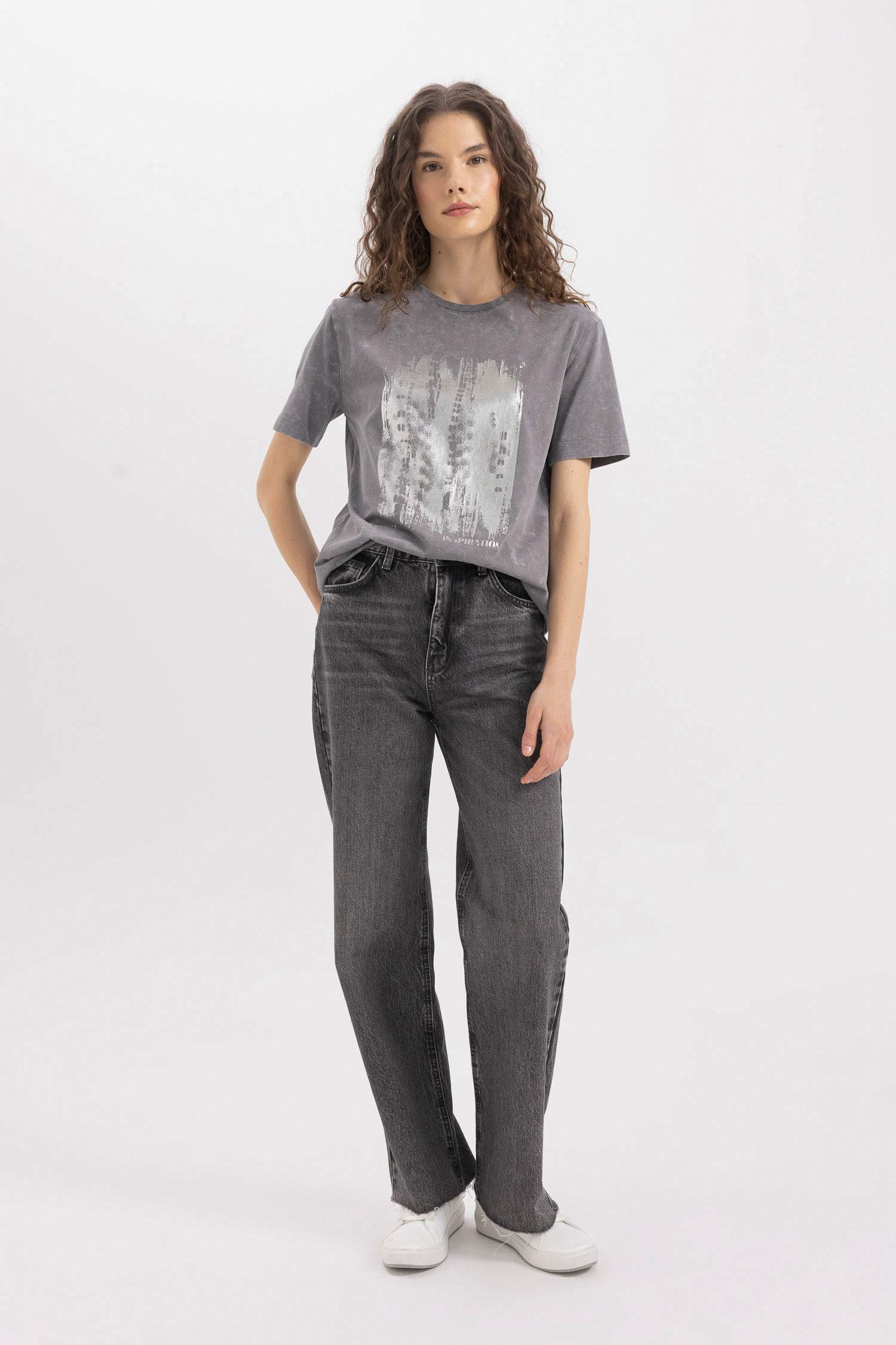 Regular Fit Bisiklet Yaka Baskılı Penye Kısa Kollu Tişört