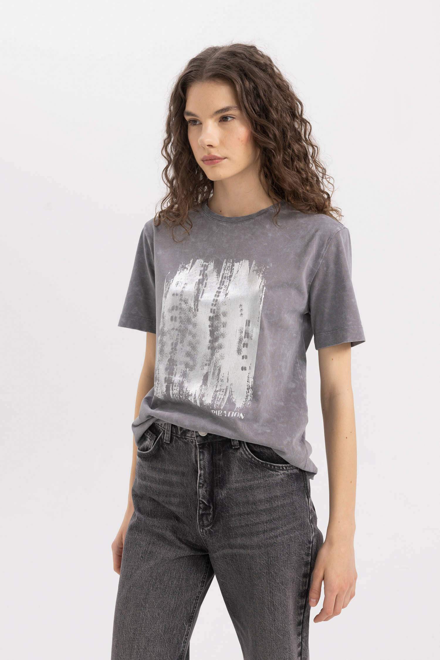 Regular Fit Bisiklet Yaka Baskılı Penye Kısa Kollu Tişört