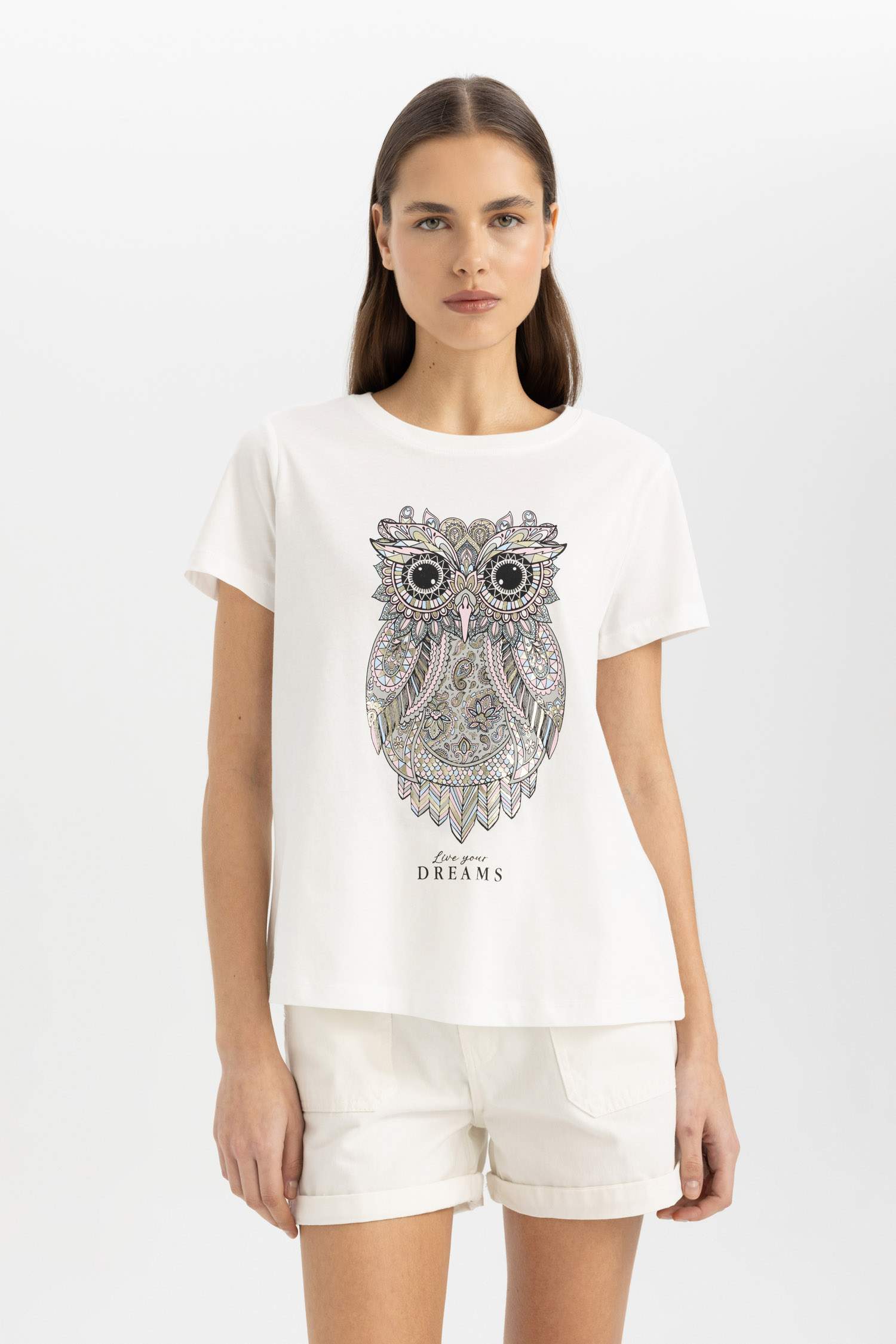 Regular Fit Crew Neck Owl Pattern Short Sleeve T-Shirt