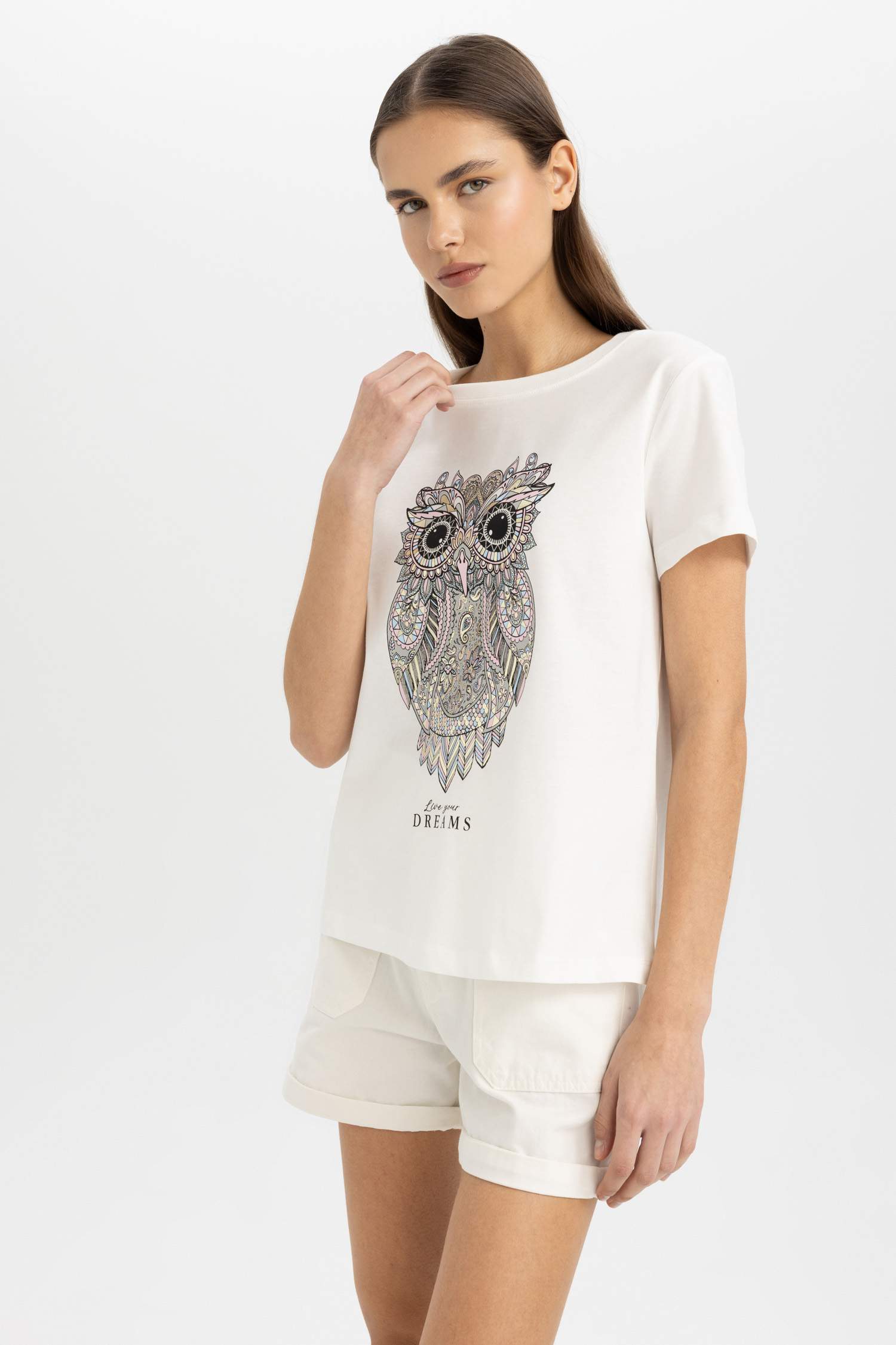 Regular Fit Crew Neck Owl Pattern Short Sleeve T-Shirt
