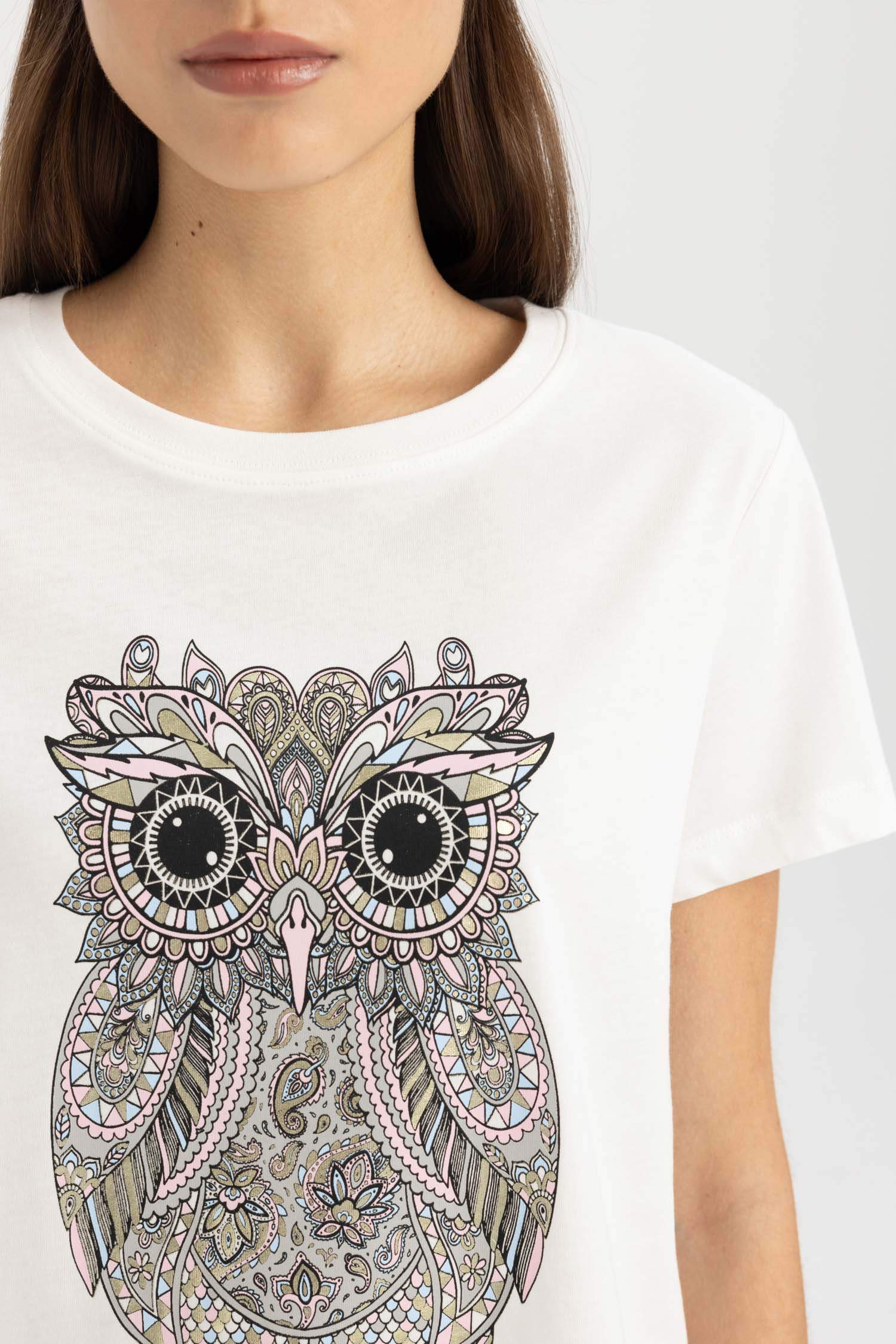 Regular Fit Crew Neck Owl Pattern Short Sleeve T-Shirt