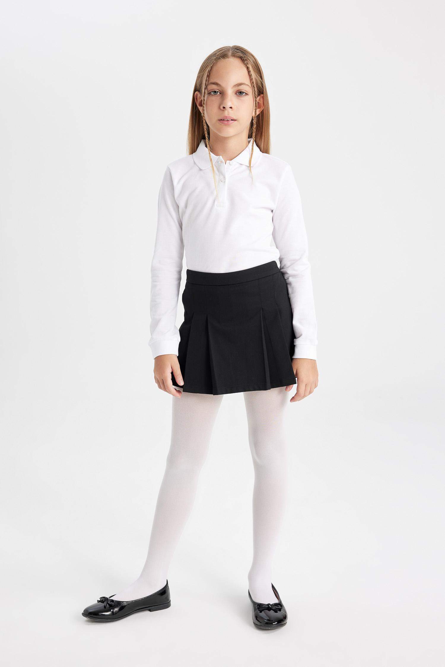 Kız Çocuk Siyah Basic Düz Beli Lastikli  Pileli Twill Okul Eteği