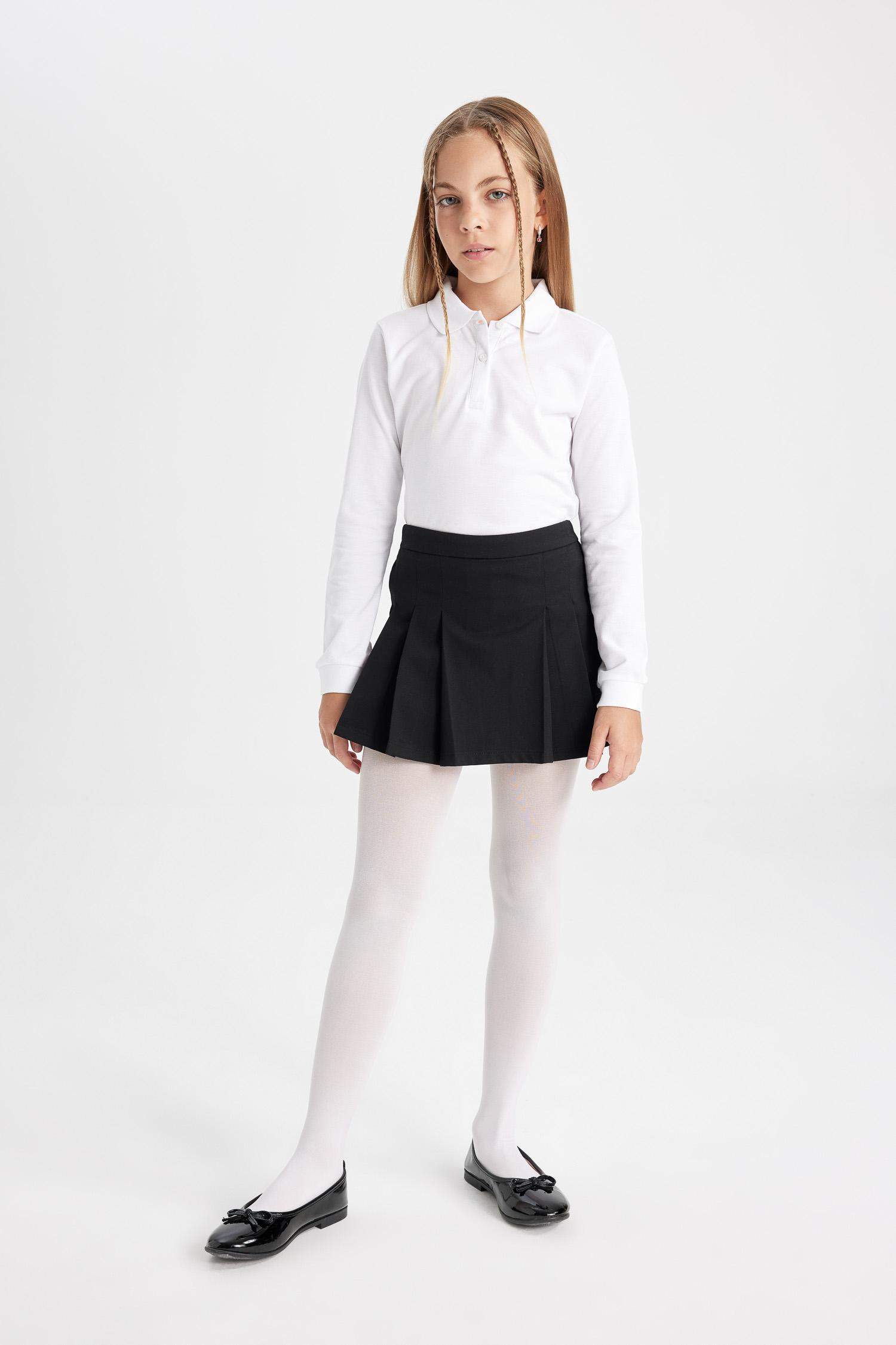 Kız Çocuk Siyah Basic Düz Beli Lastikli  Pileli Twill Okul Eteği