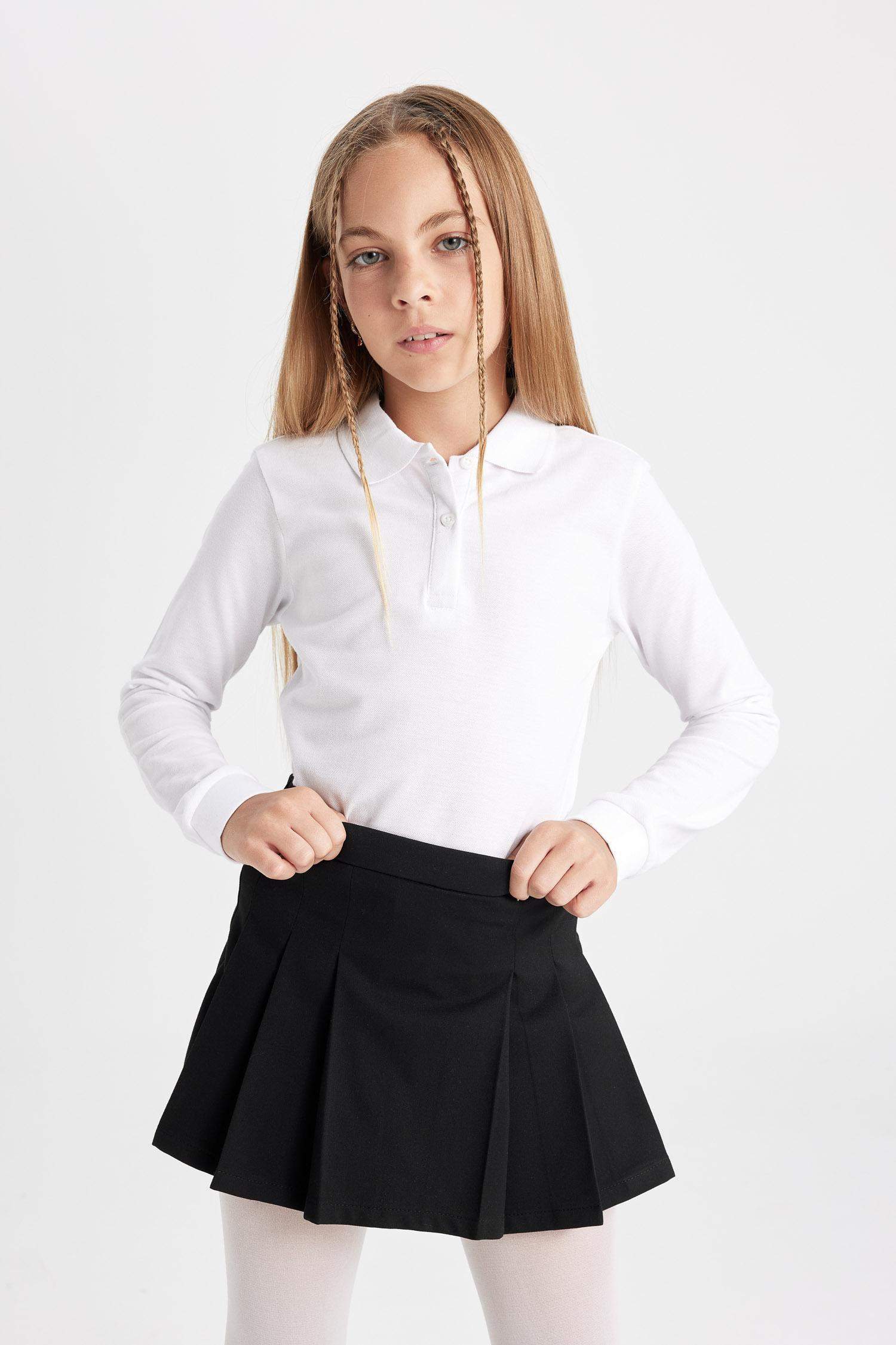 Kız Çocuk Siyah Basic Düz Beli Lastikli  Pileli Twill Okul Eteği