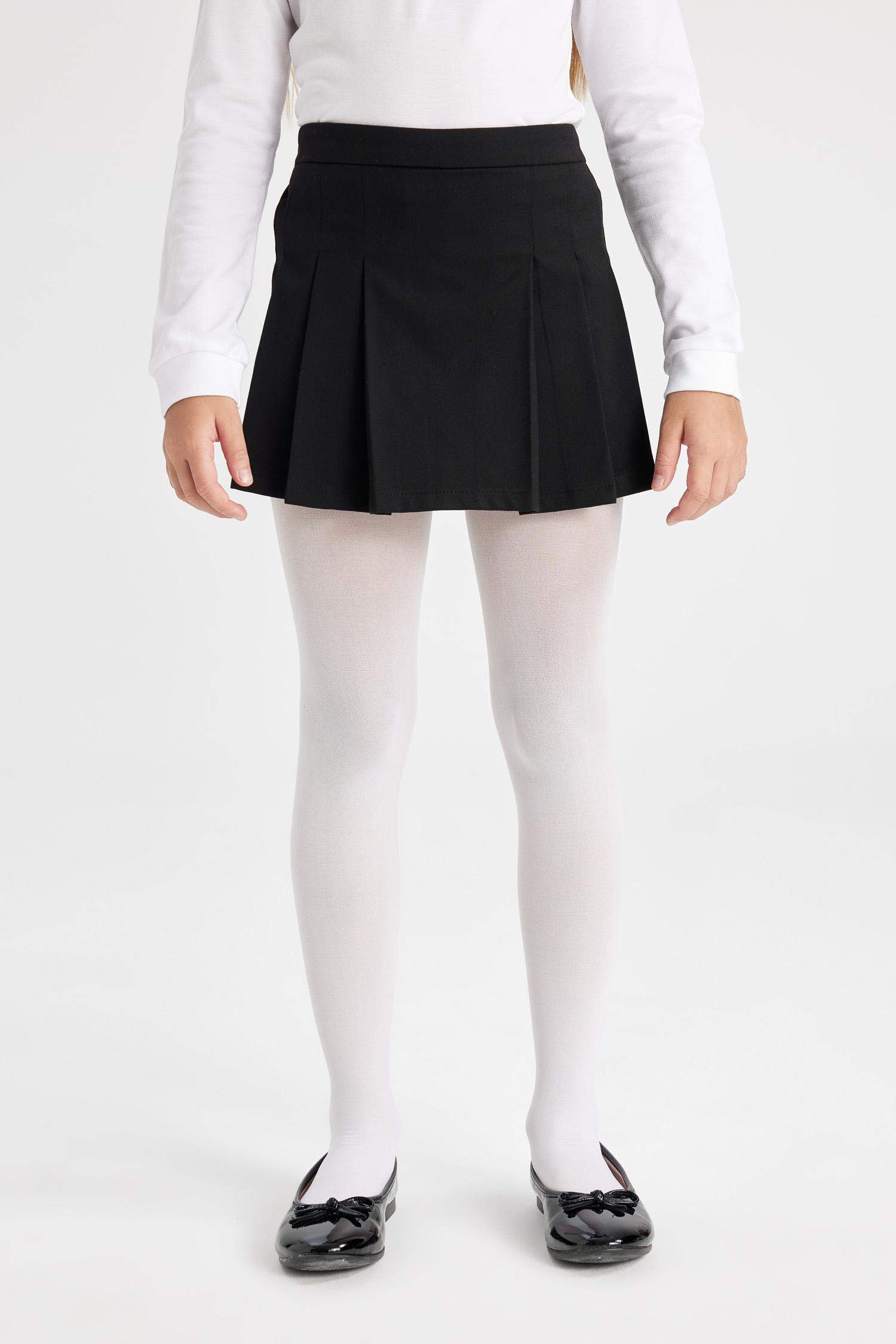 Kız Çocuk Siyah Basic Düz Beli Lastikli  Pileli Twill Okul Eteği