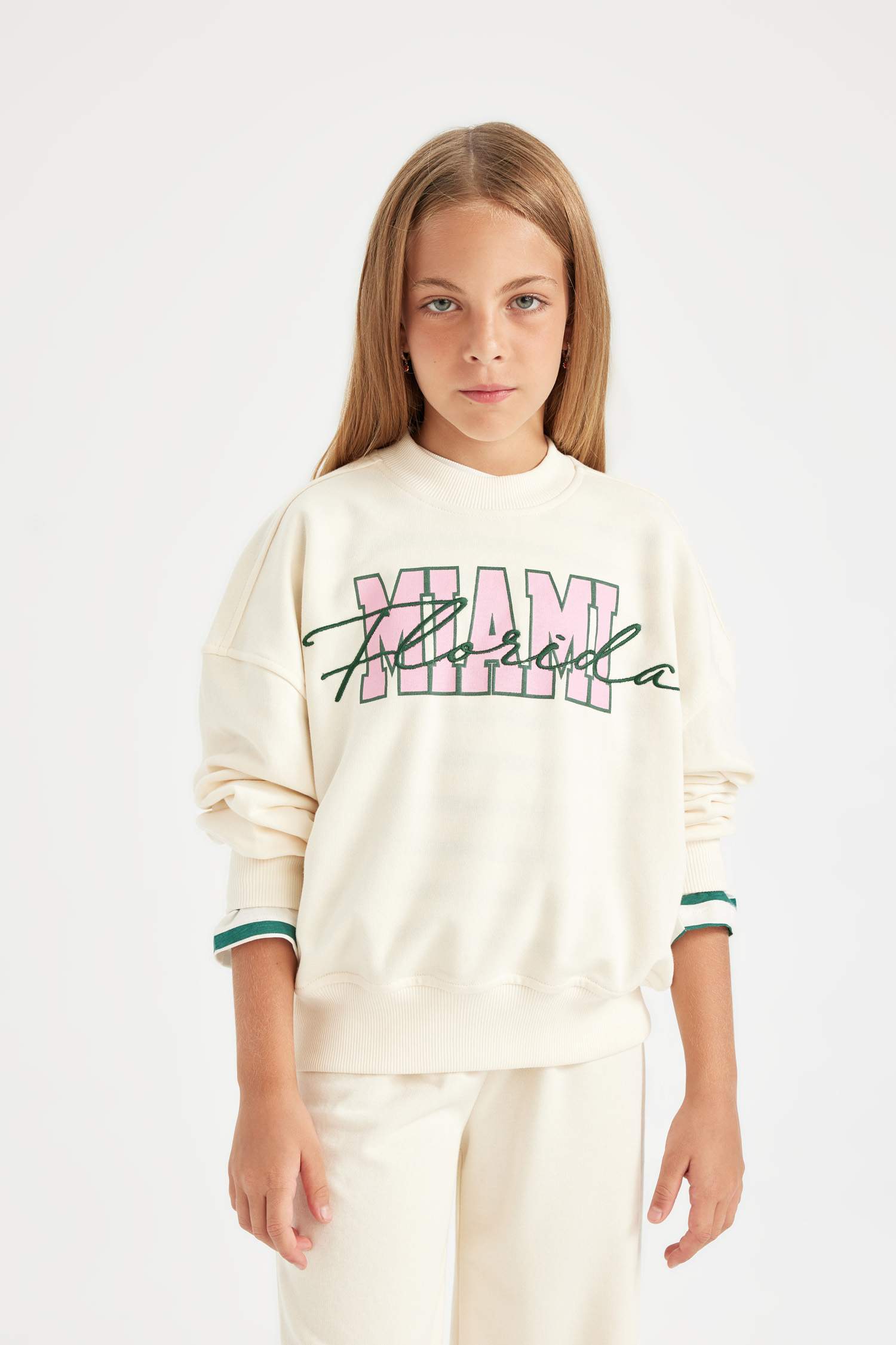 Kız Çocuk 2'li Takım Baskılı Okul Sweatshirt Geniş Bol Paça Eşofman Altı