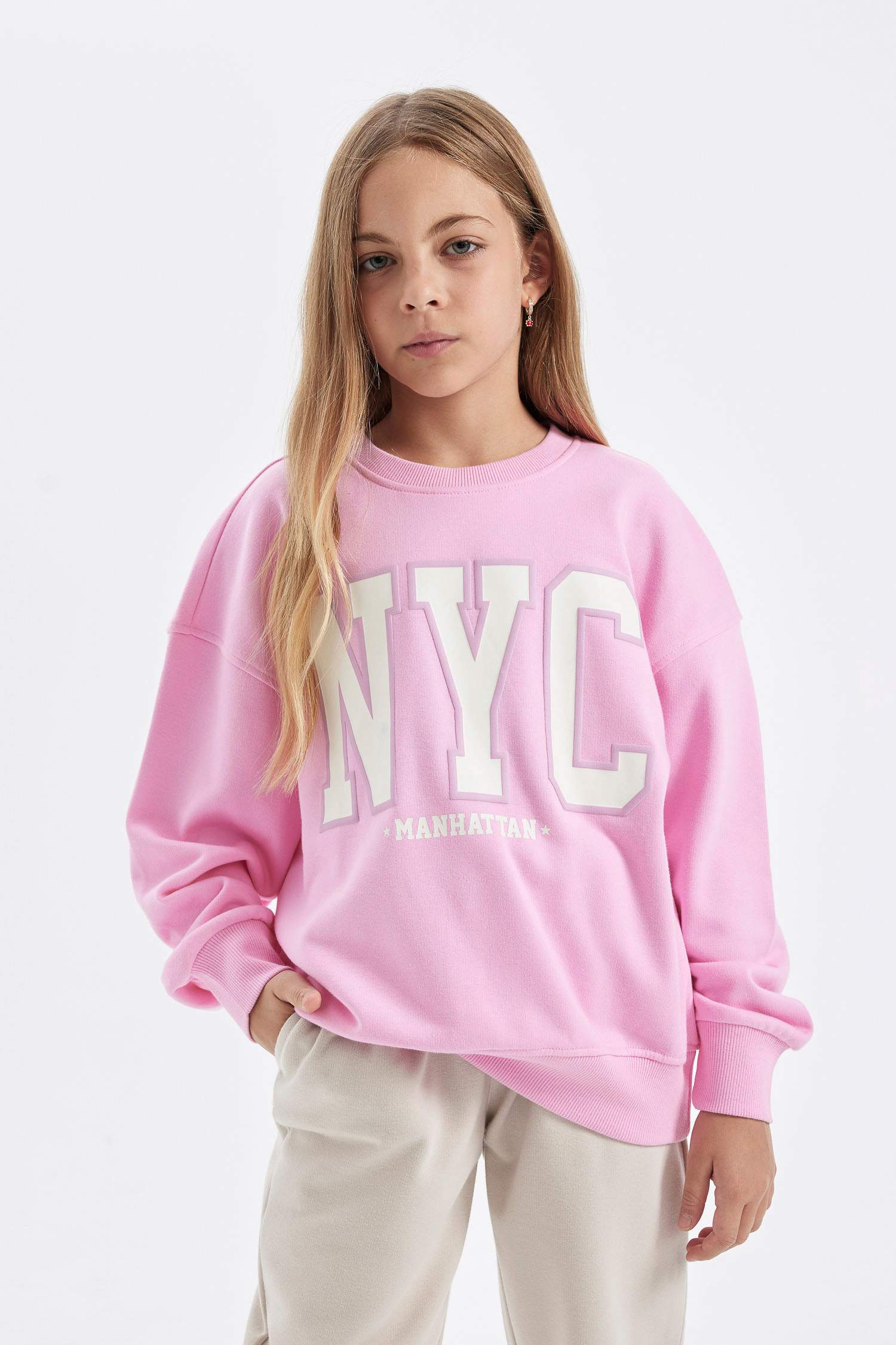 Kız Çocuk Pembe Oversize Geniş Kalıp Bisiklet Yaka Baskılı Okul Sweatshirt