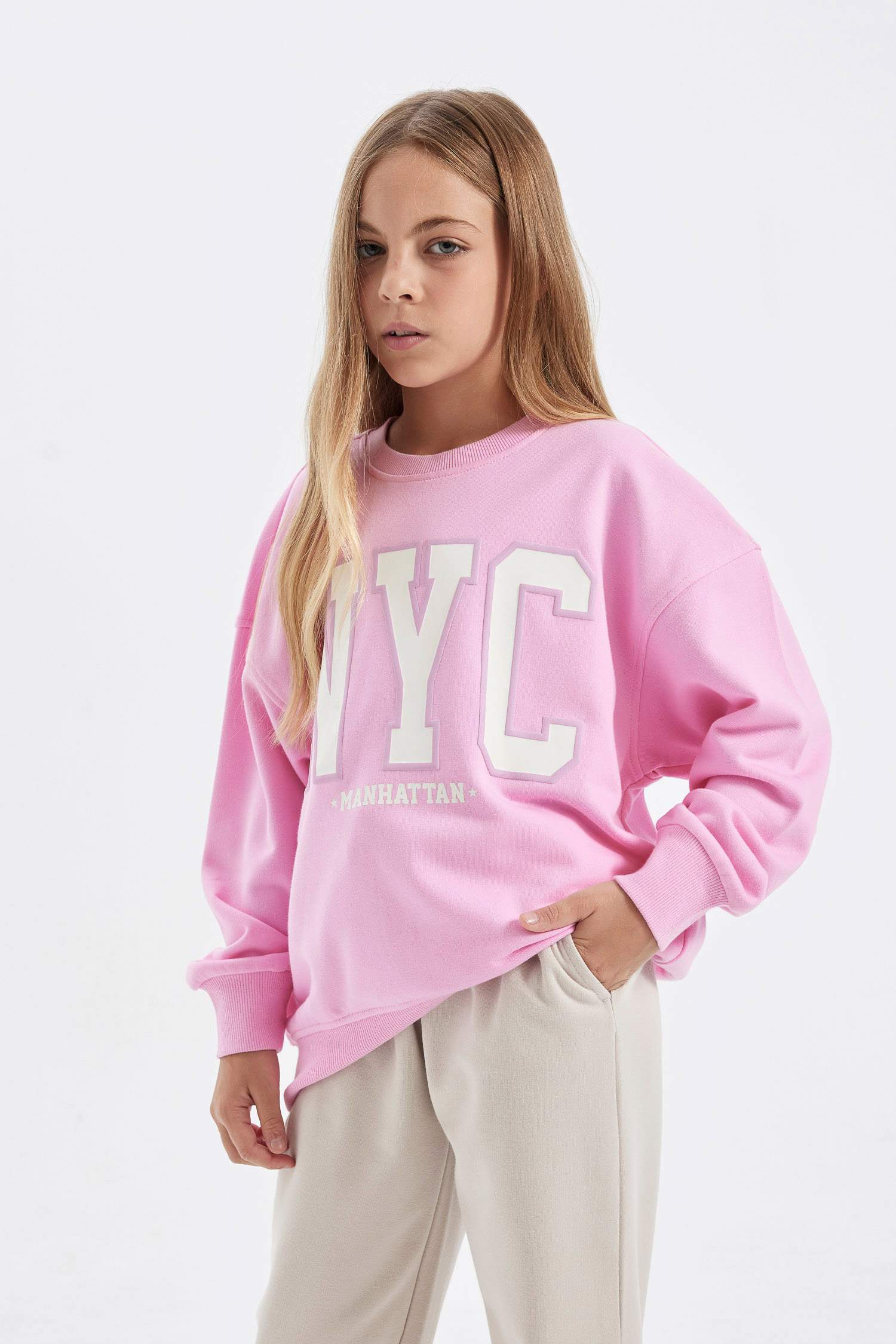 Kız Çocuk Pembe Oversize Geniş Kalıp Bisiklet Yaka Baskılı Okul Sweatshirt