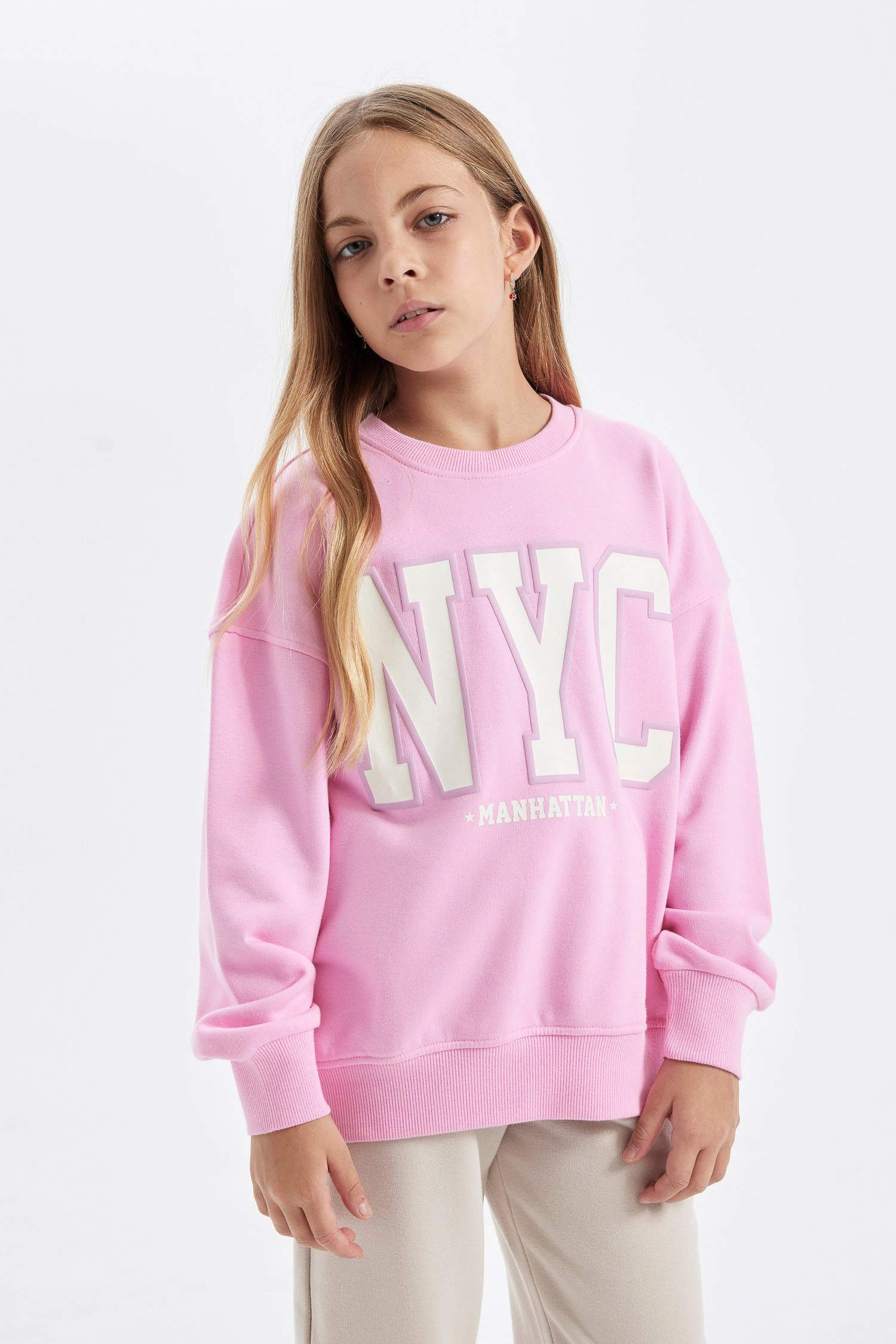 Kız Çocuk Pembe Oversize Geniş Kalıp Bisiklet Yaka Baskılı Okul Sweatshirt