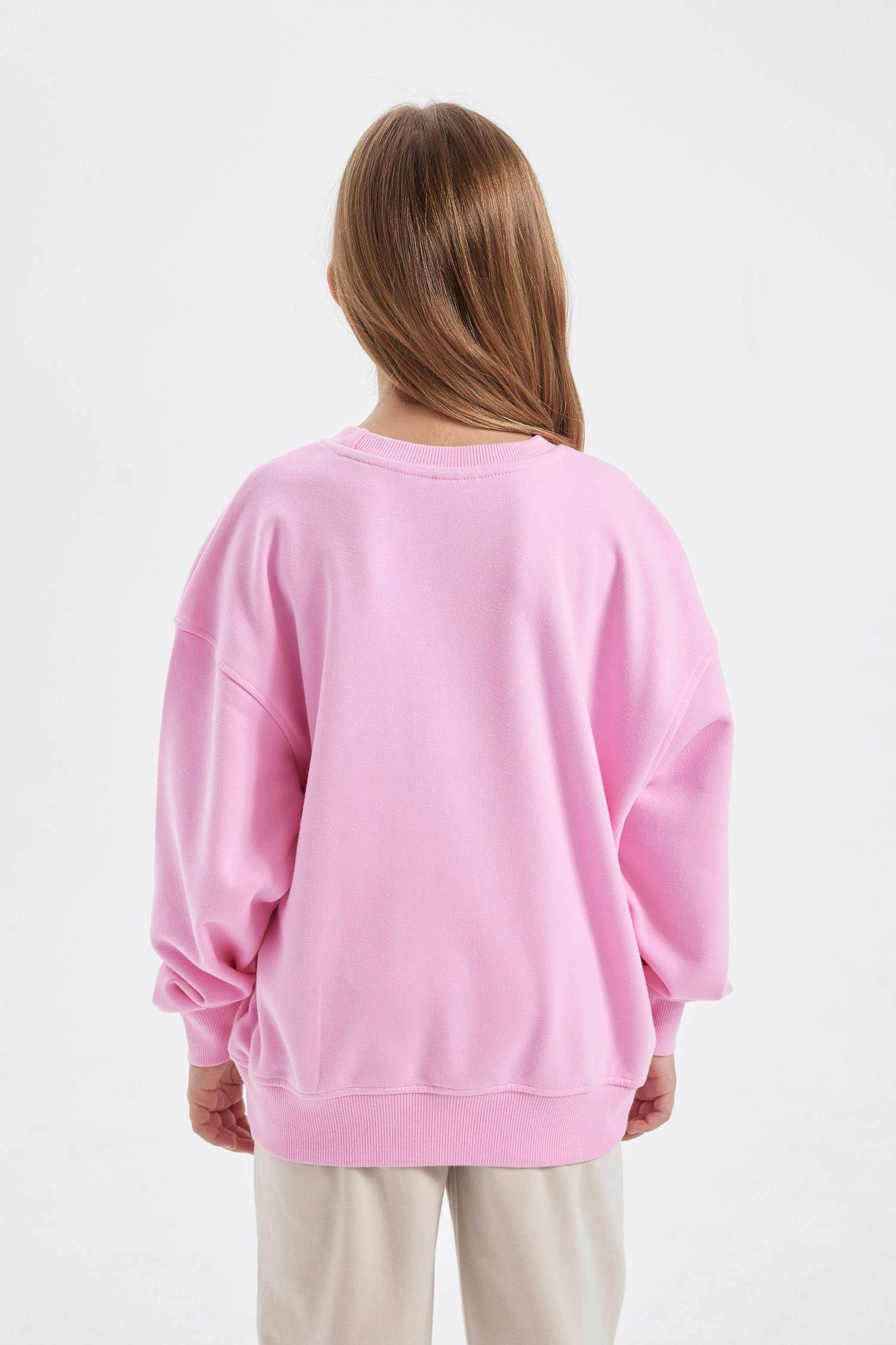 Kız Çocuk Pembe Oversize Geniş Kalıp Bisiklet Yaka Baskılı Okul Sweatshirt