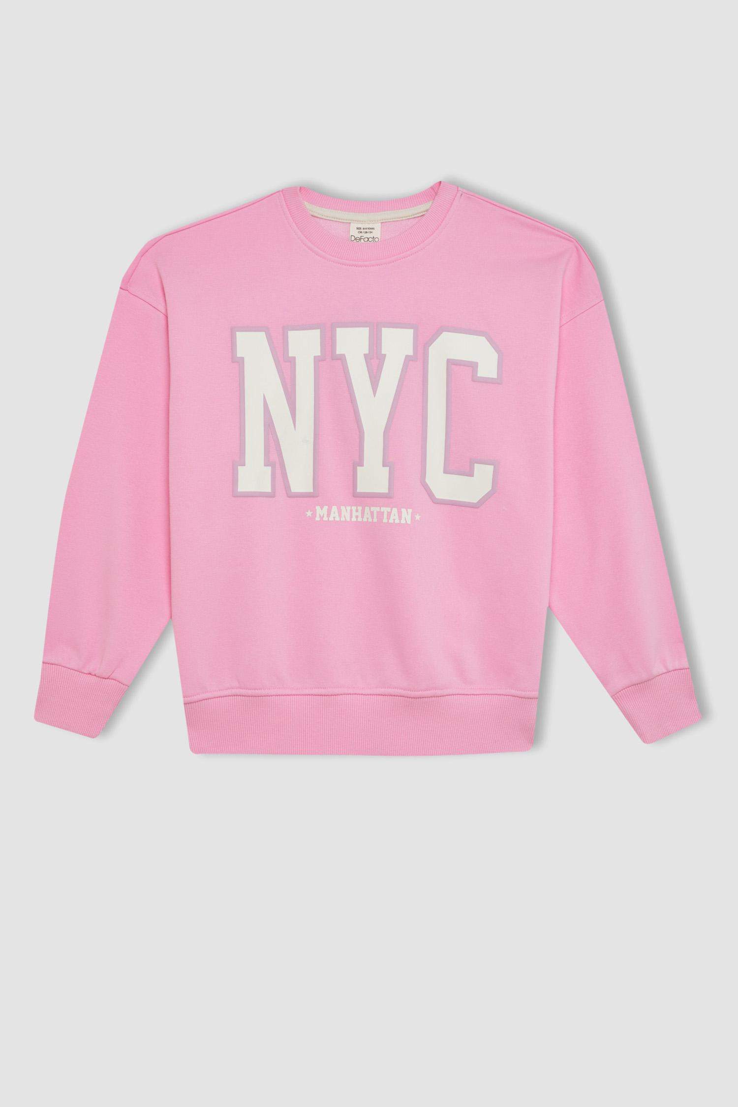Kız Çocuk Pembe Oversize Geniş Kalıp Bisiklet Yaka Baskılı Okul Sweatshirt