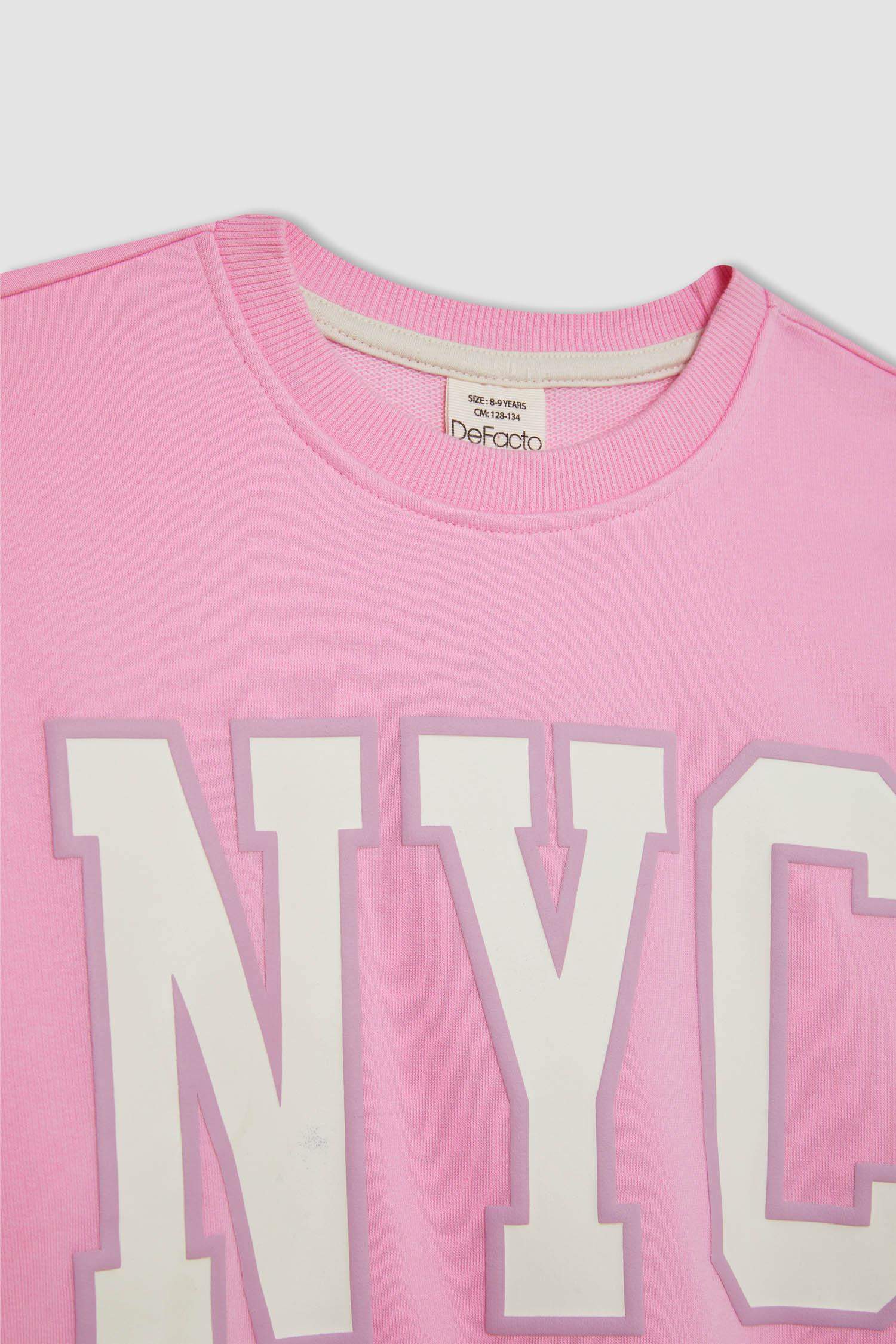 Kız Çocuk Pembe Oversize Geniş Kalıp Bisiklet Yaka Baskılı Okul Sweatshirt