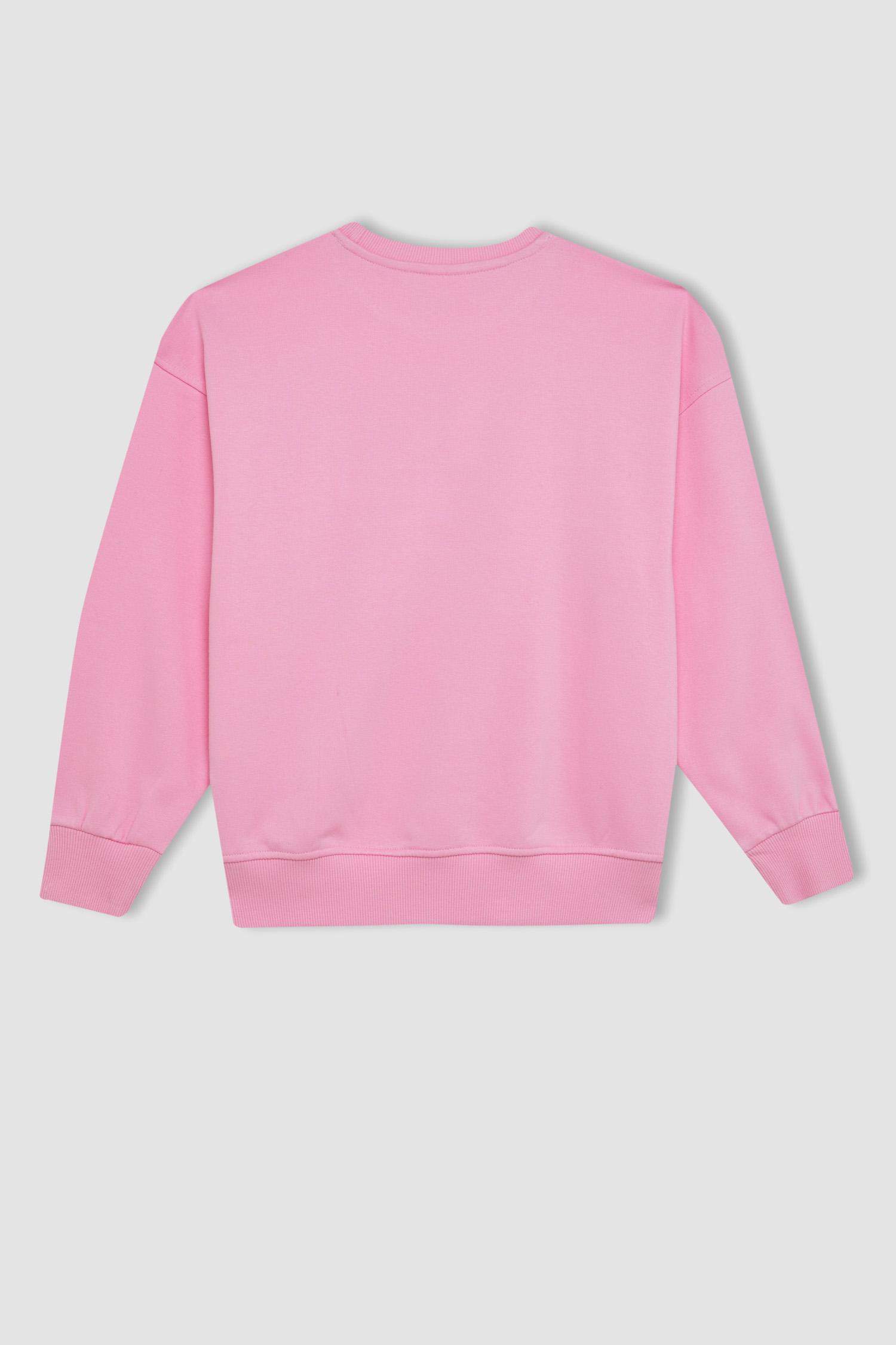Kız Çocuk Pembe Oversize Geniş Kalıp Bisiklet Yaka Baskılı Okul Sweatshirt