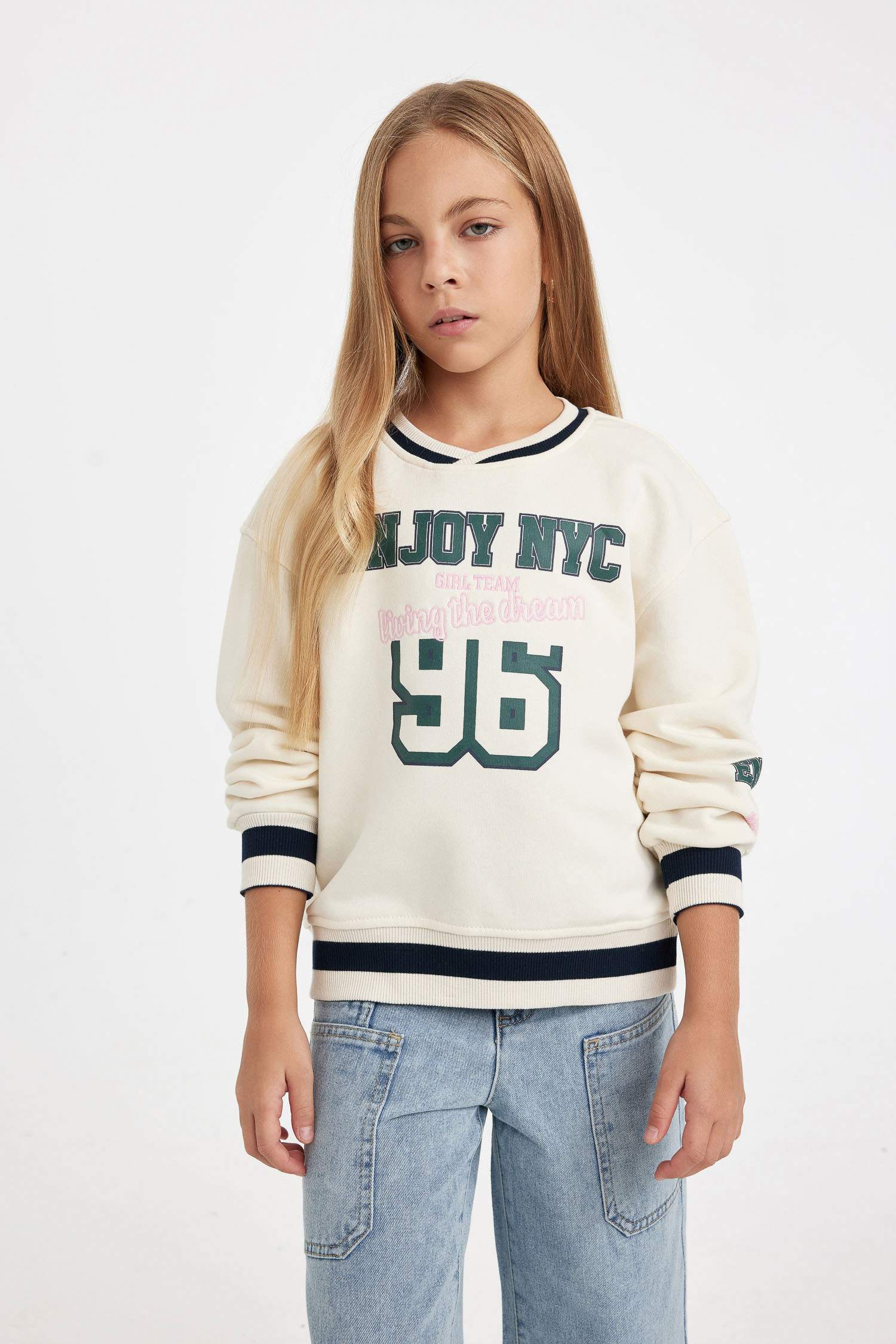 Kız Çocuk Relax Fit V Yaka Baskılı Okul Sweatshirt