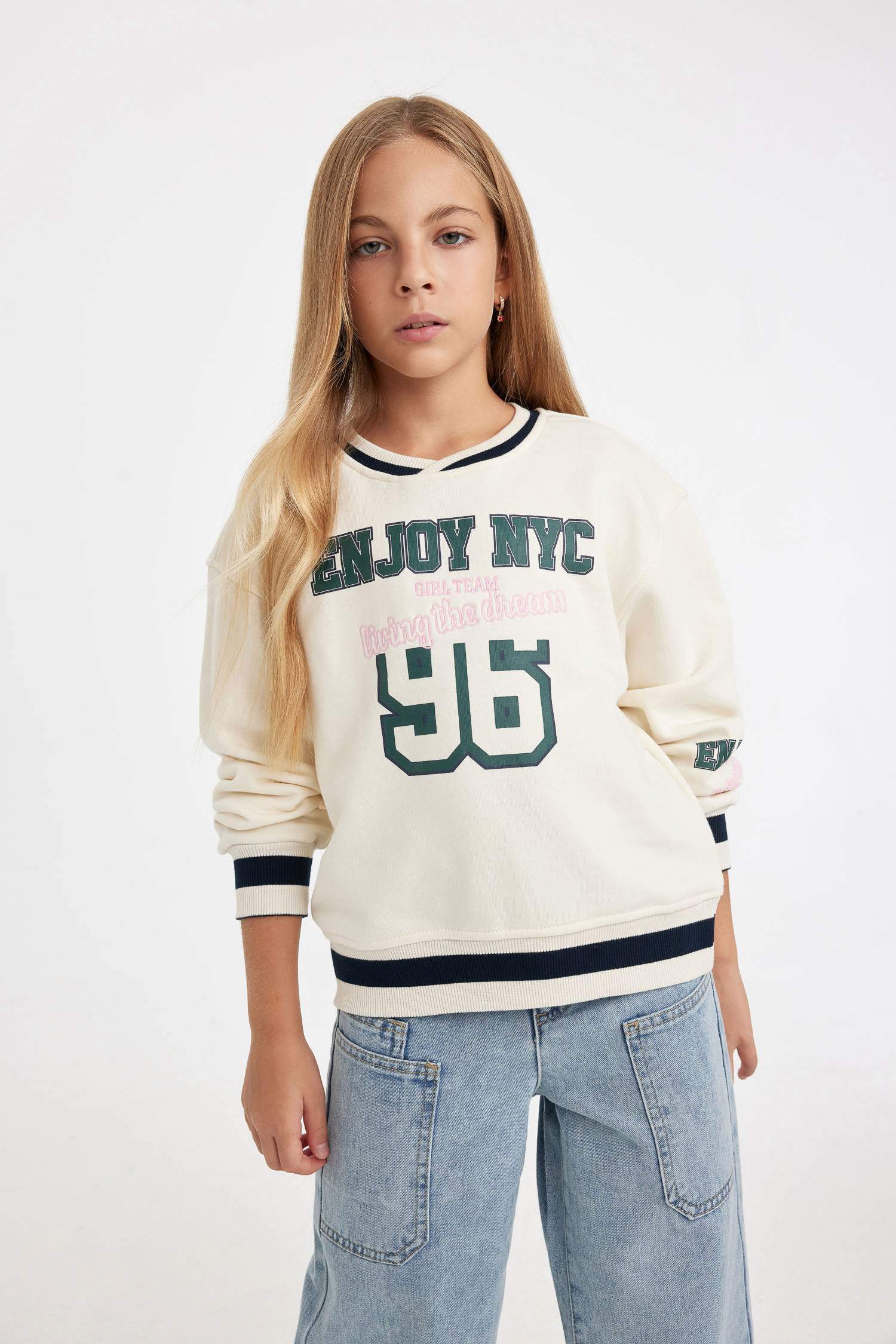 Kız Çocuk Relax Fit V Yaka Baskılı Okul Sweatshirt