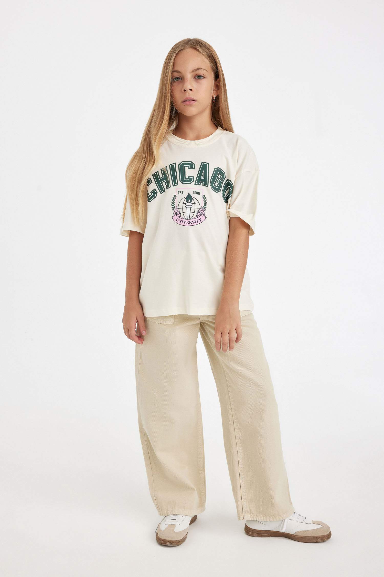 Kız Çocuk Oversize Geniş Kalıp Bisiklet Yaka Baskılı Kısa Kollu Okul Tişörtü